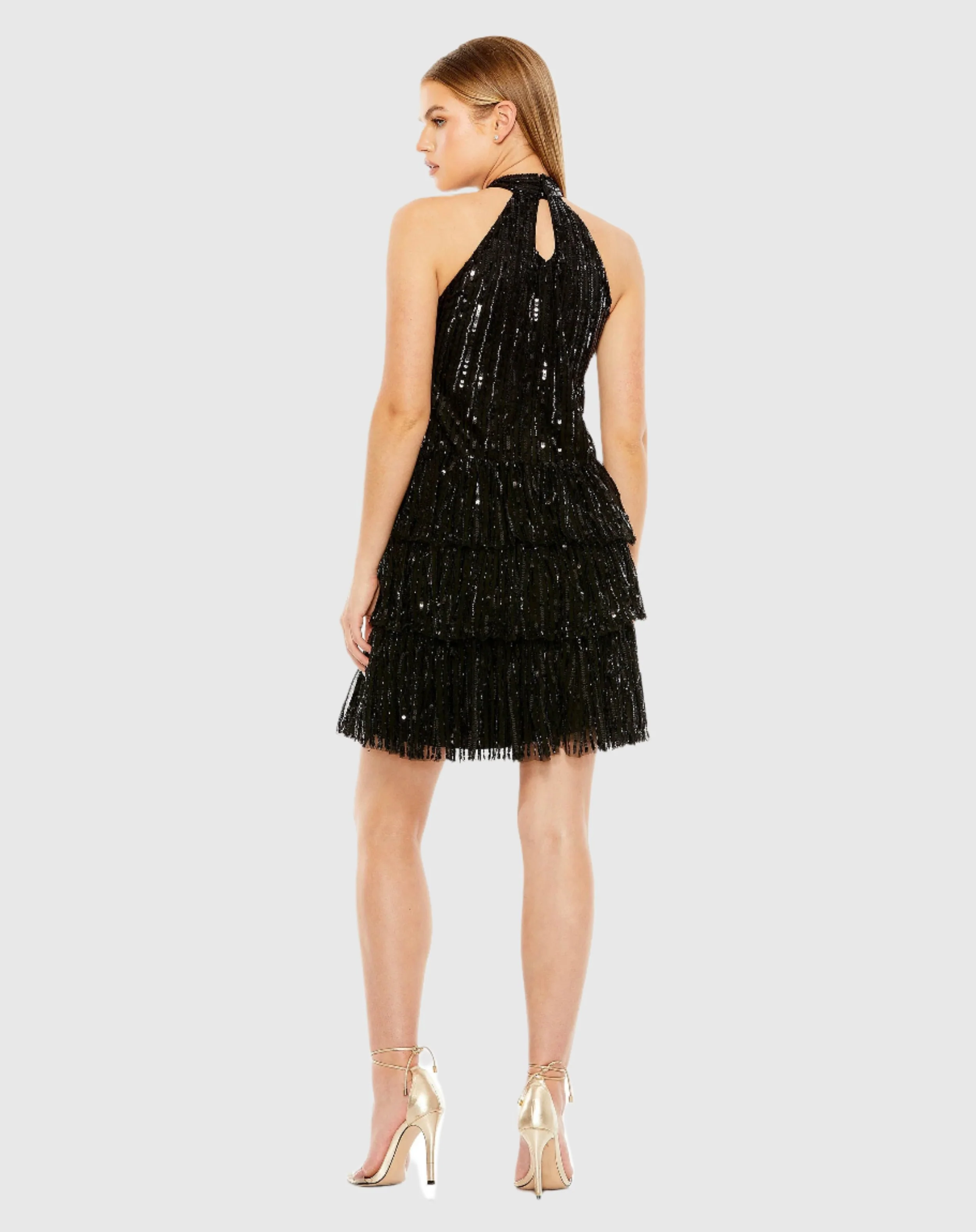 Black High Neck A-Line Ruffle Sequin Mini Dress