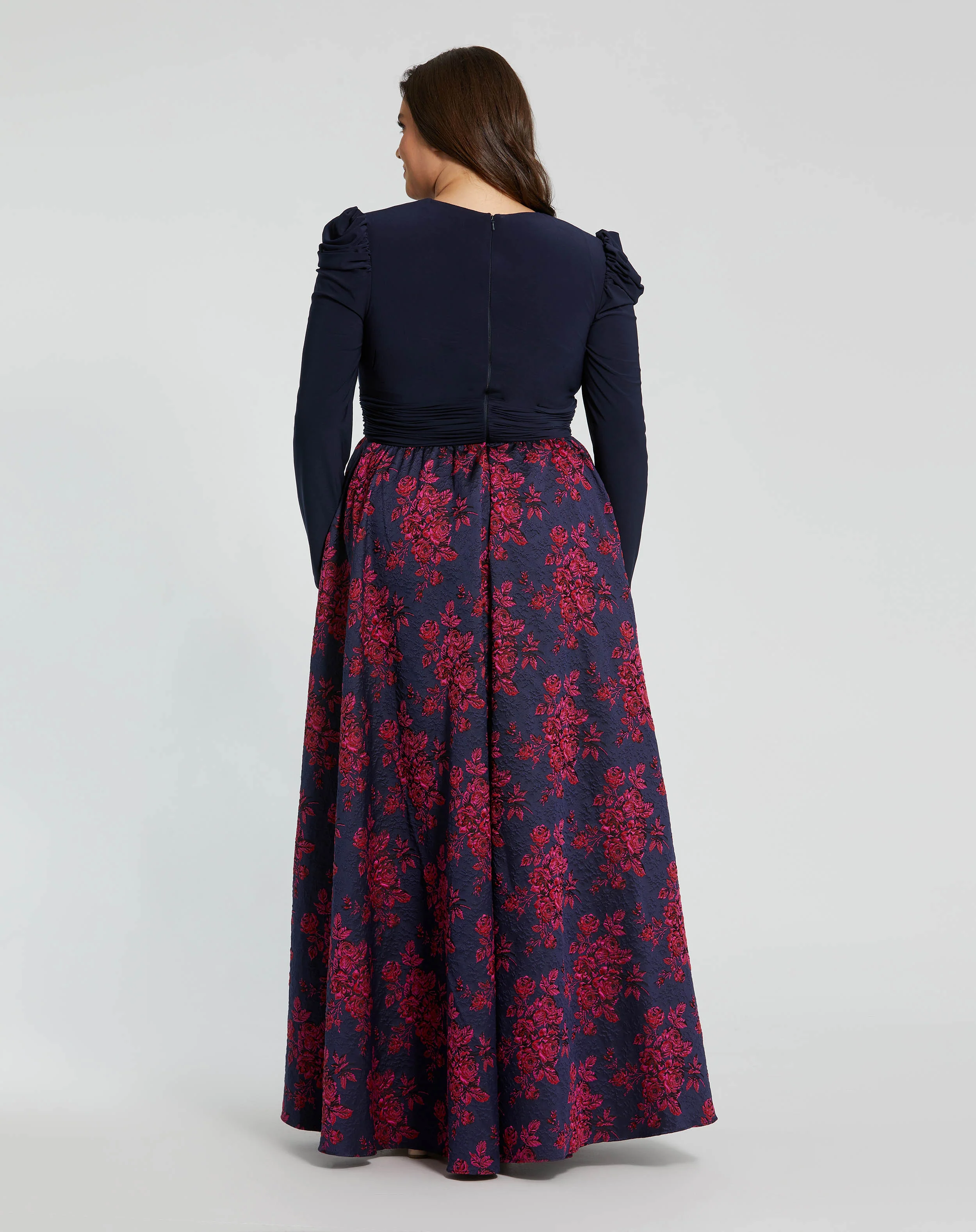 Blue Long Sleeve Keyhole Knot Neck Floral Bottom Gown