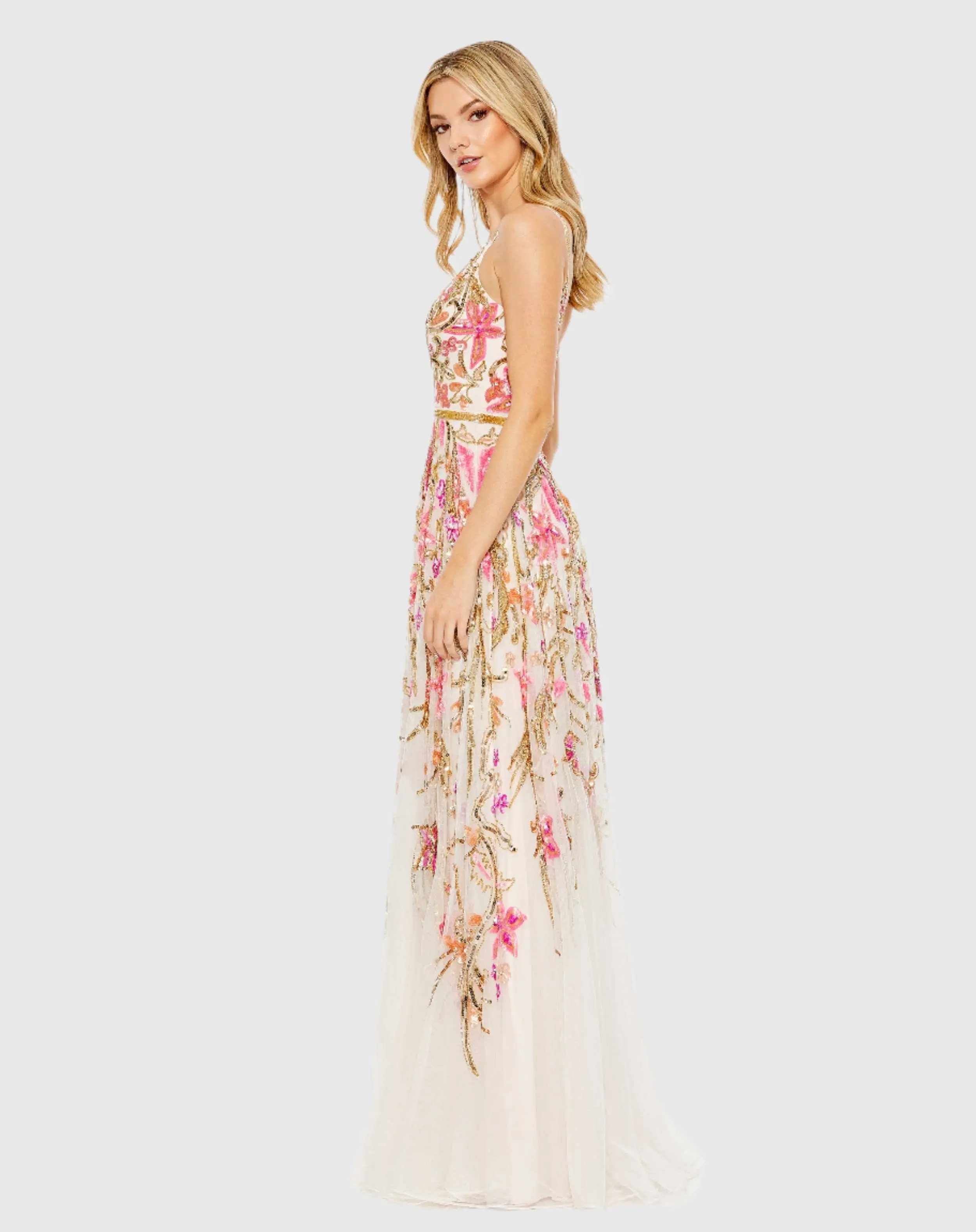 Beige V Neck Floral Embellished Spaghetti Strap Gown