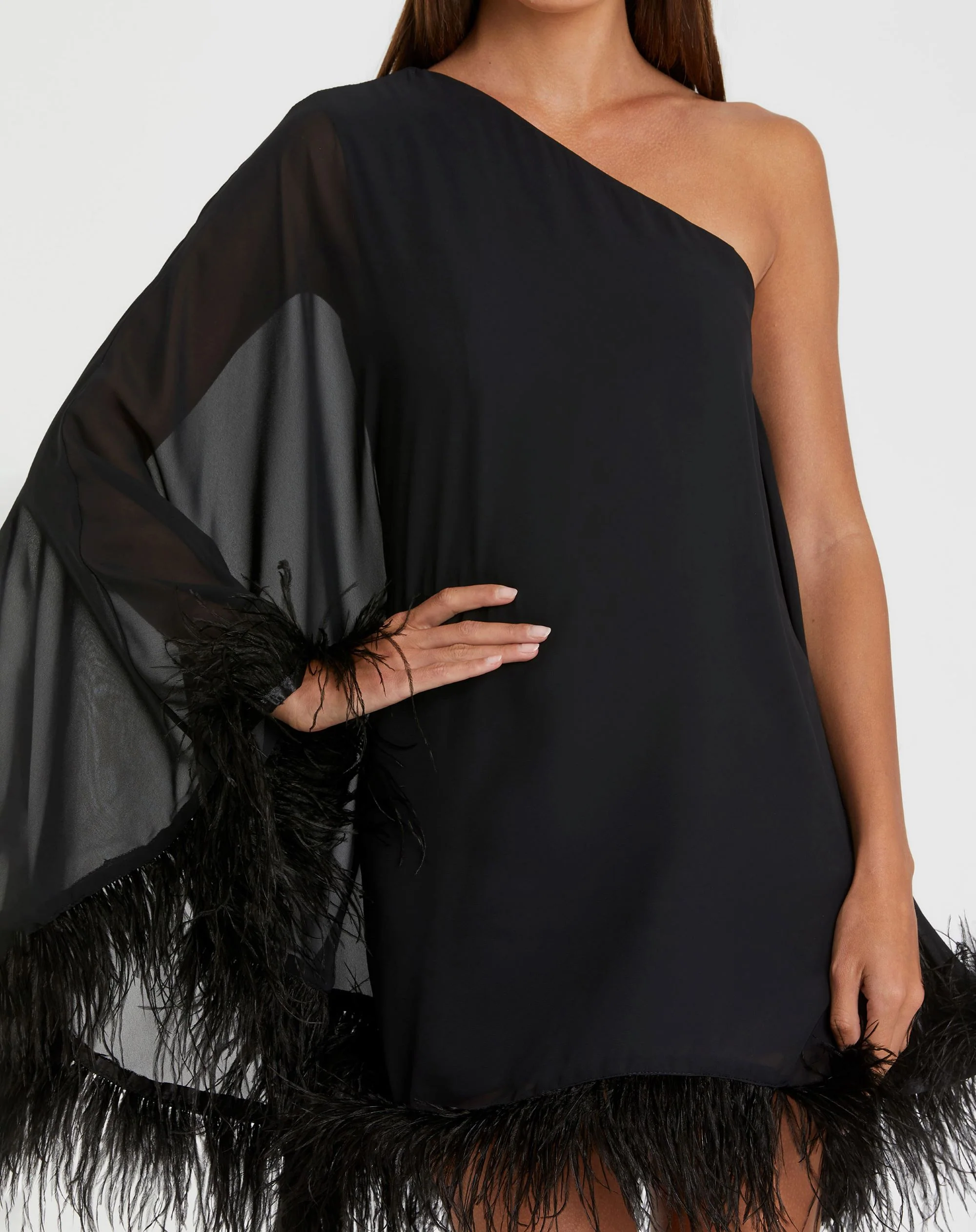 Black One Shoulder Trapeze Dress with Feather Trim