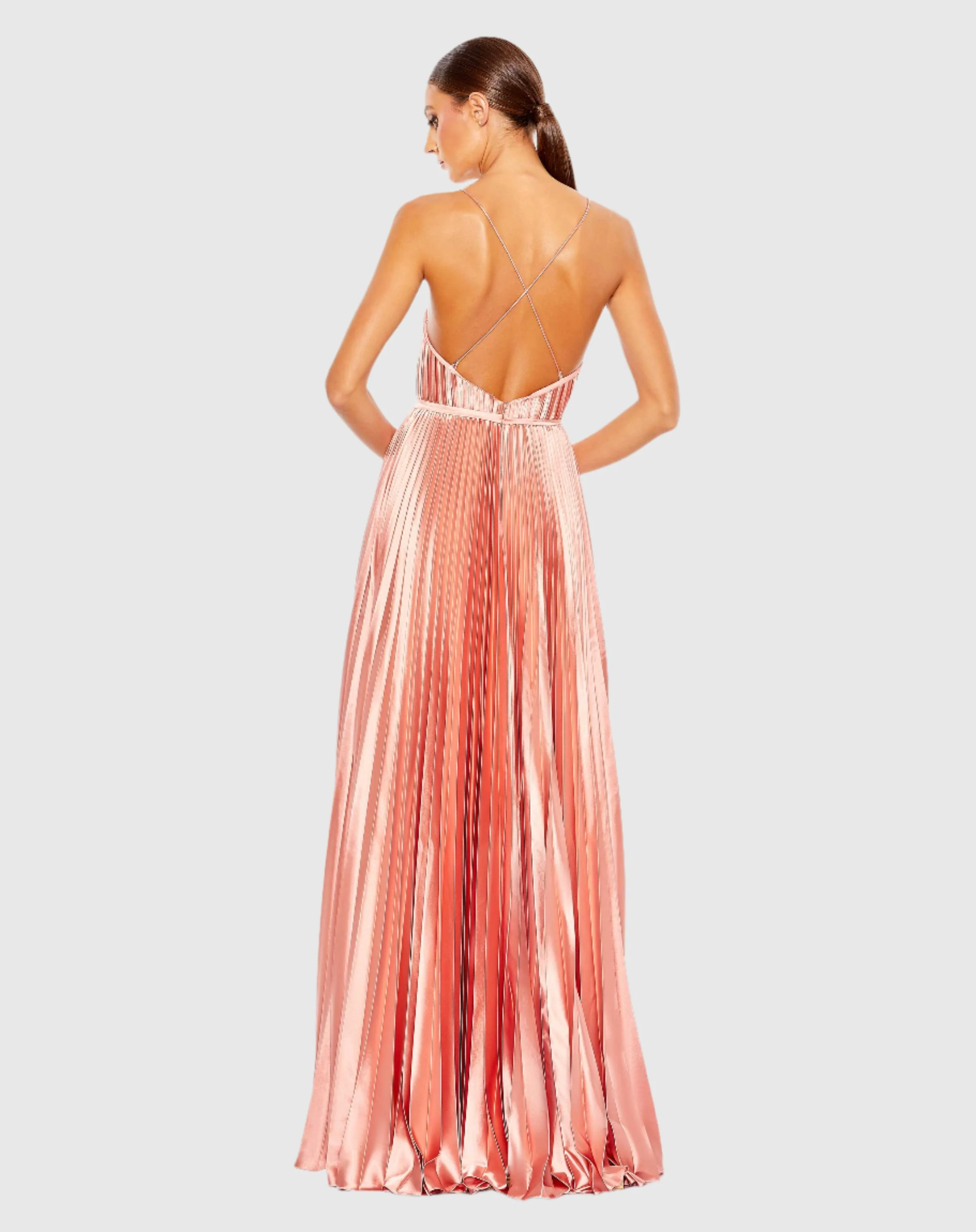 Pink Plunge Neck Pleated Evening Gown