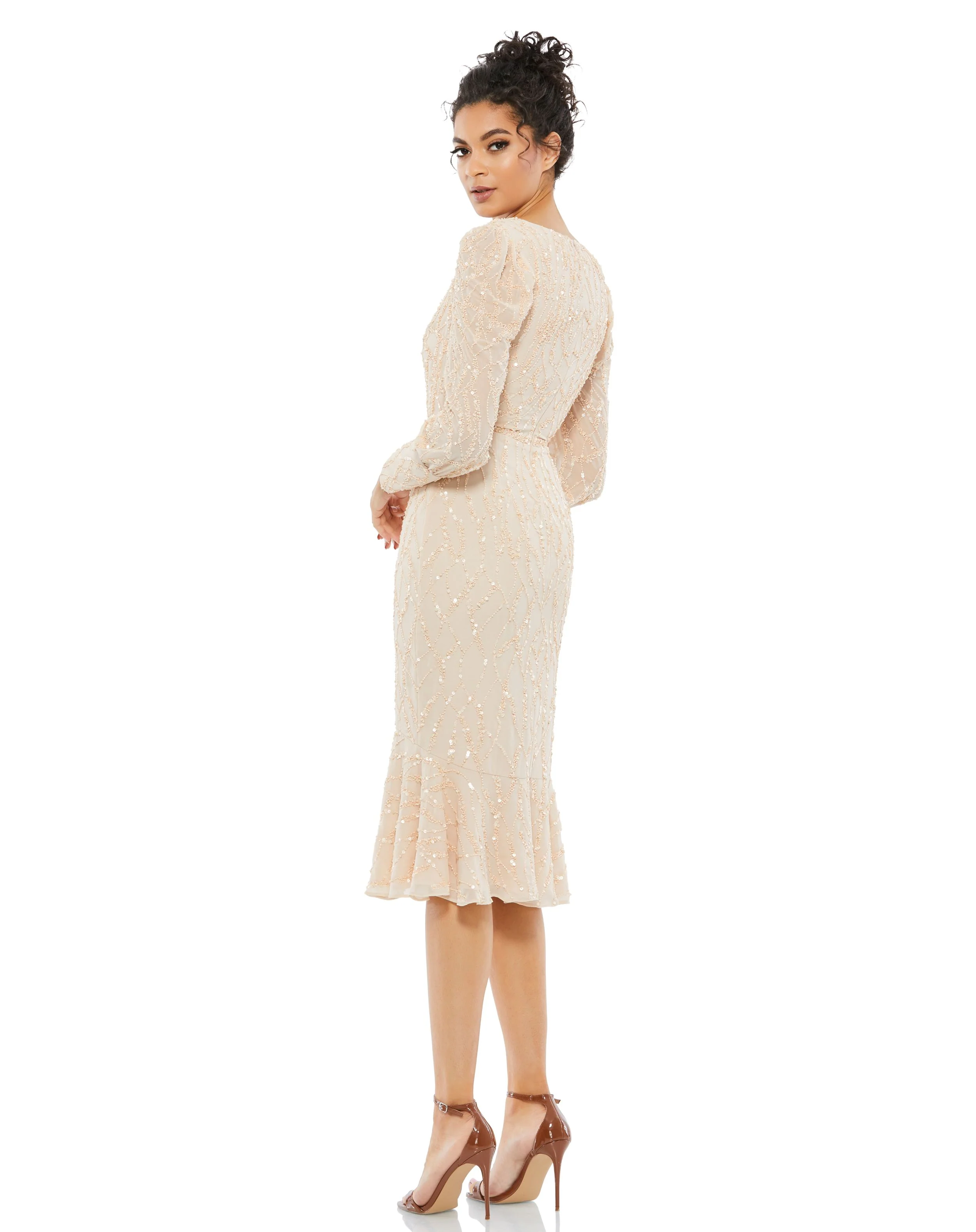 Sequined V Neck Illusion Long Sleeve Trumpet Dress | Sample | Sz. 2