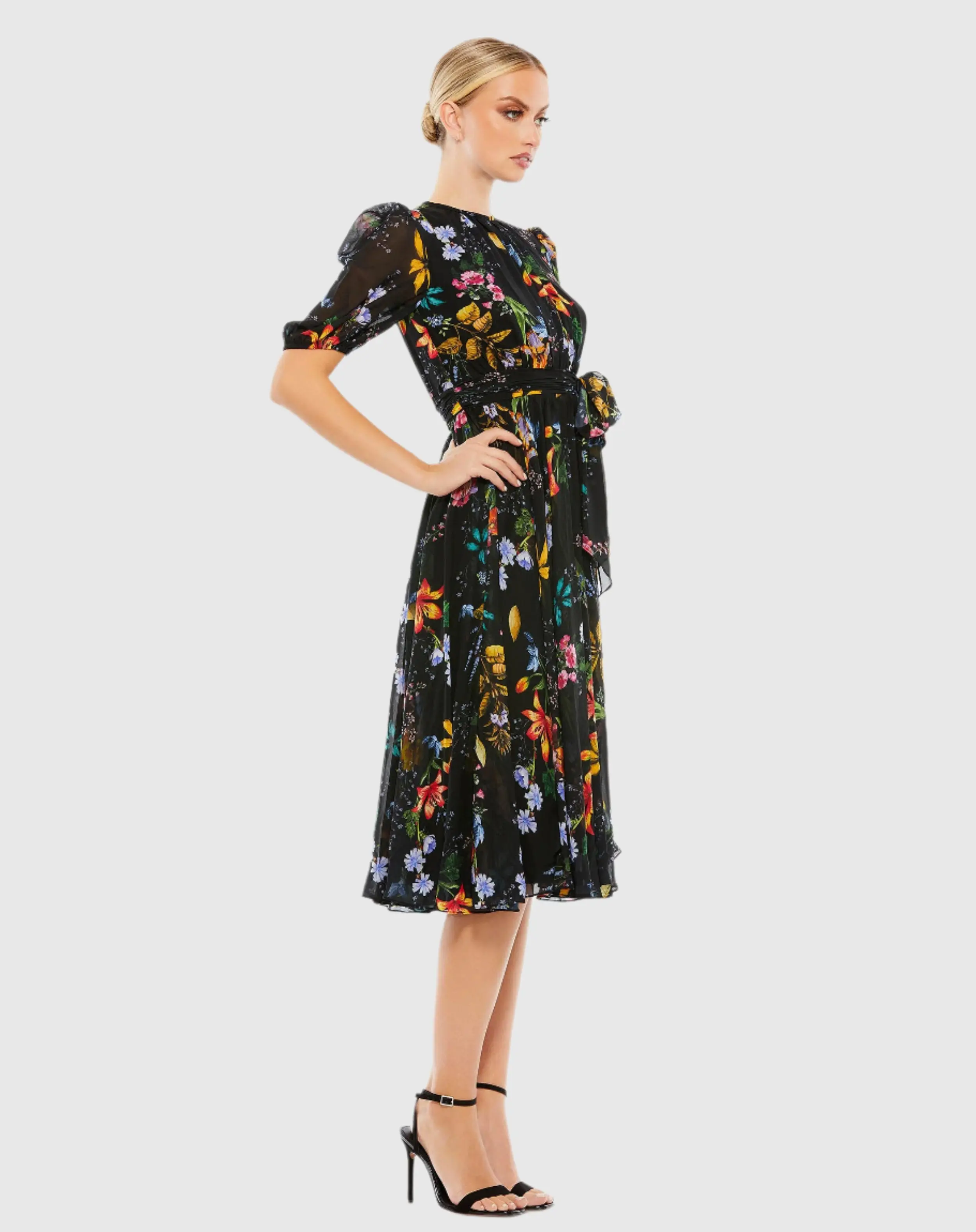 Floral Pattern High Neck Belted Midi Dress