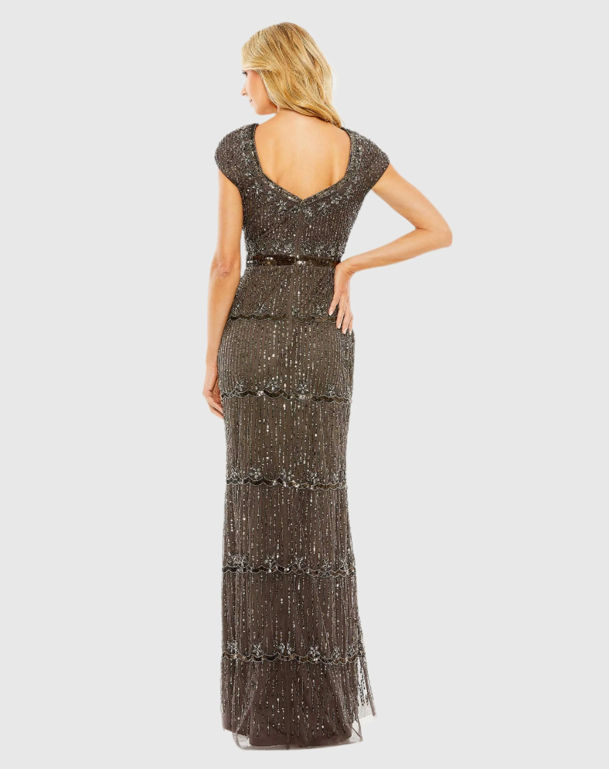 Gray Cap Sleeve Sweetheart Neckline Beaded Sequin Column Gown