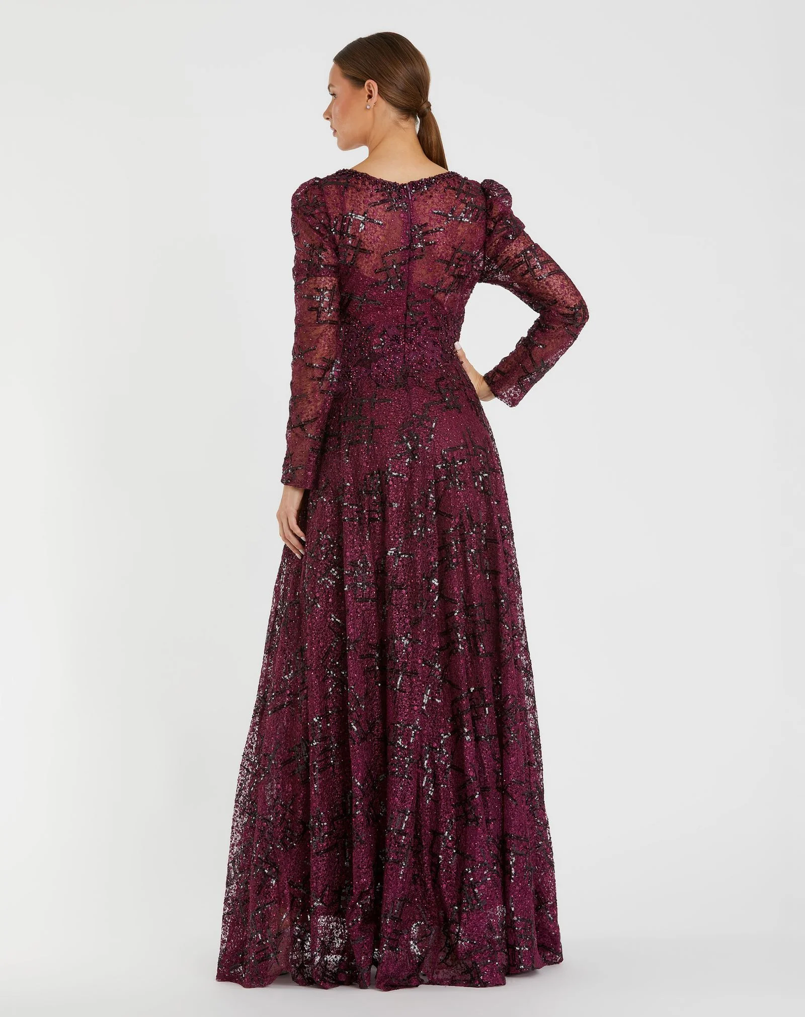 Dark Purple Embellished V Neck Long Sleeve A Line Gown