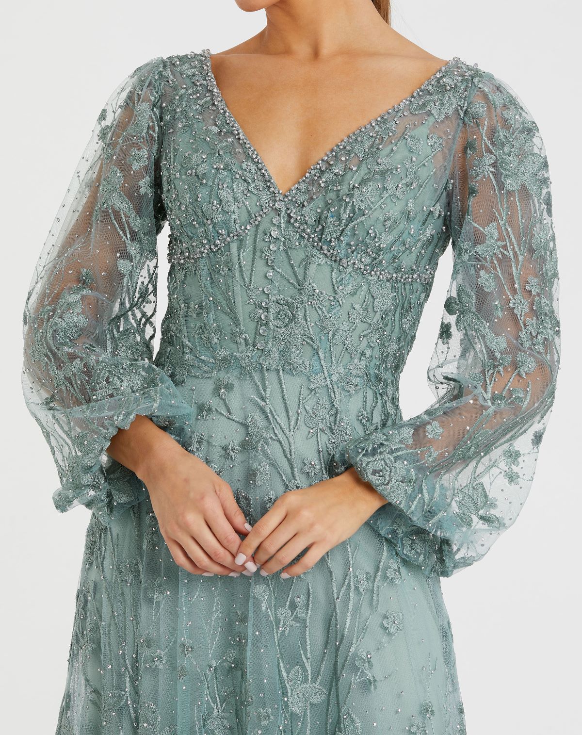 Green V-Neck Mesh Puff Sleeve A Line Embellished Tea Length Dress