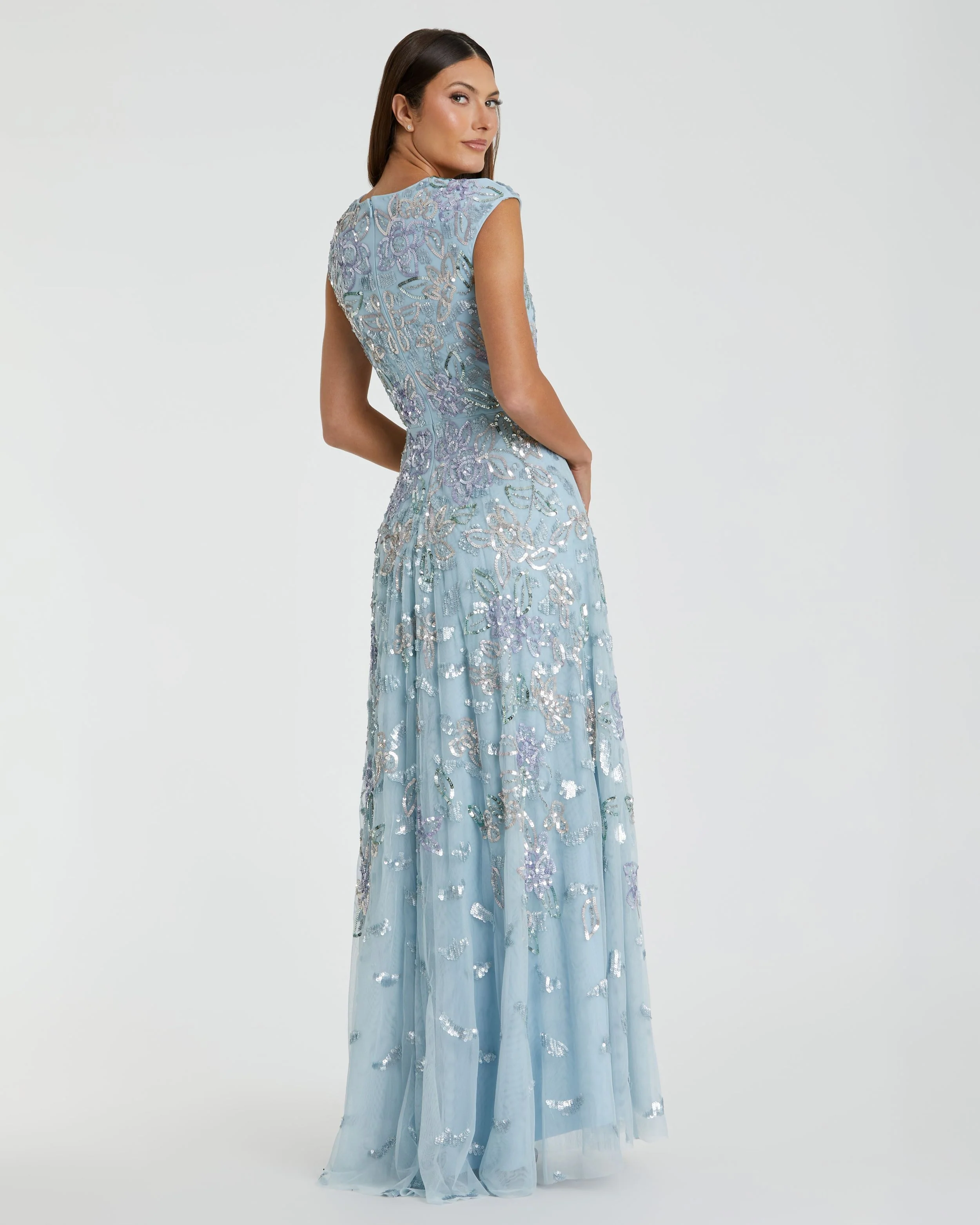Blue Sequined High Neck Cap Sleeve A Line Gown