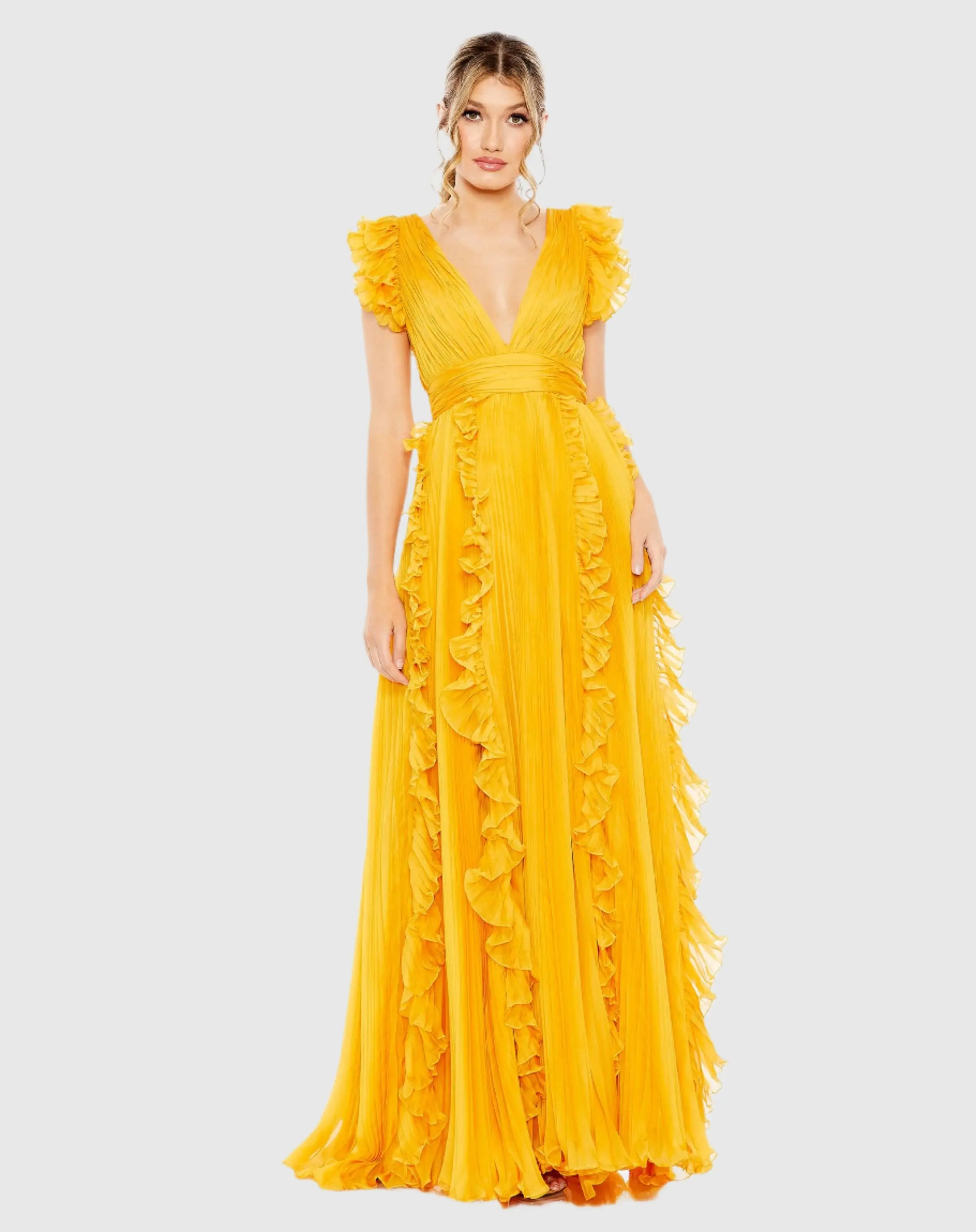 Yellow Pleated Ruffle Cap Sleeve Flowy A Line Gown