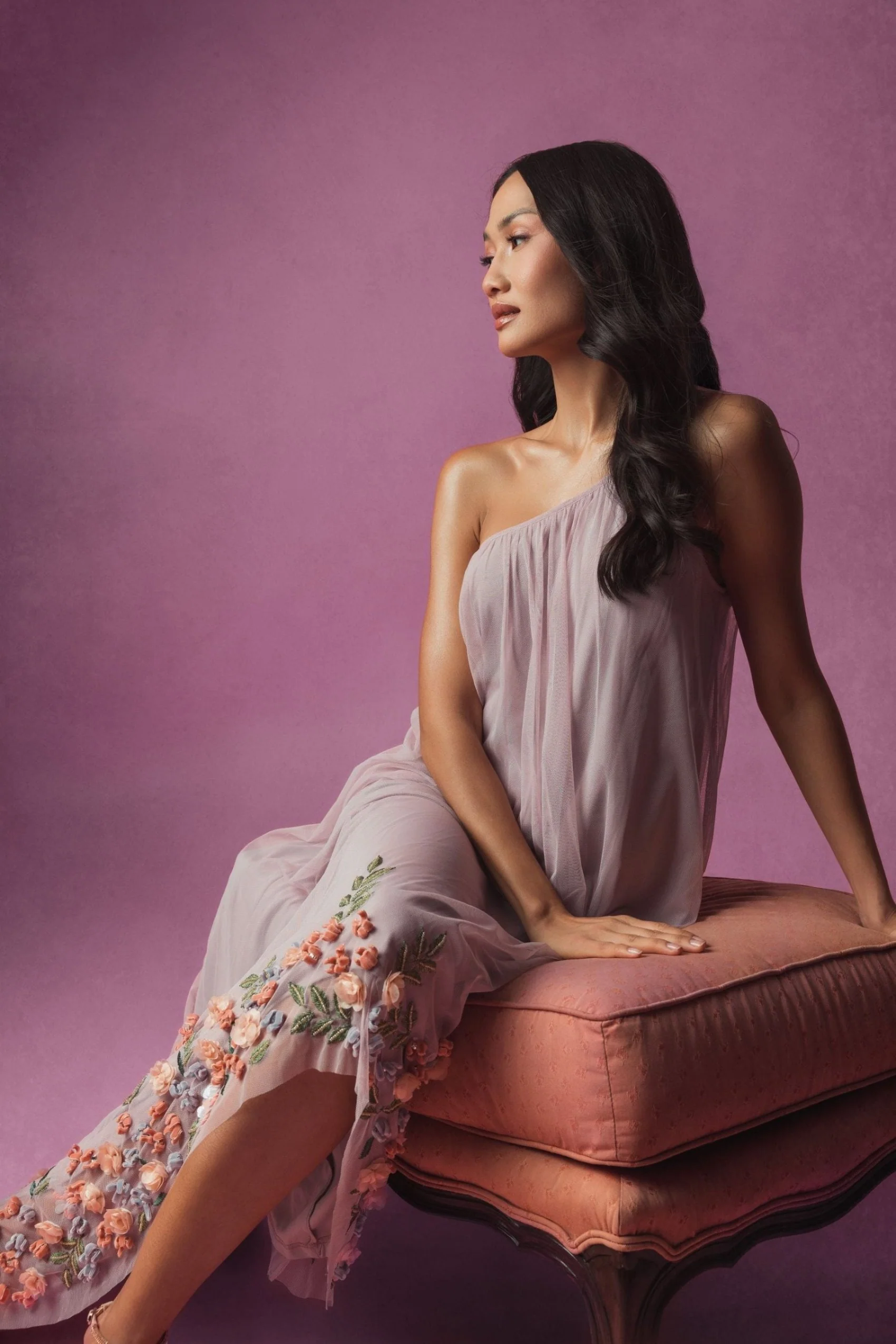 Purple One Shoulder Trapeze Embellished High Low Gown