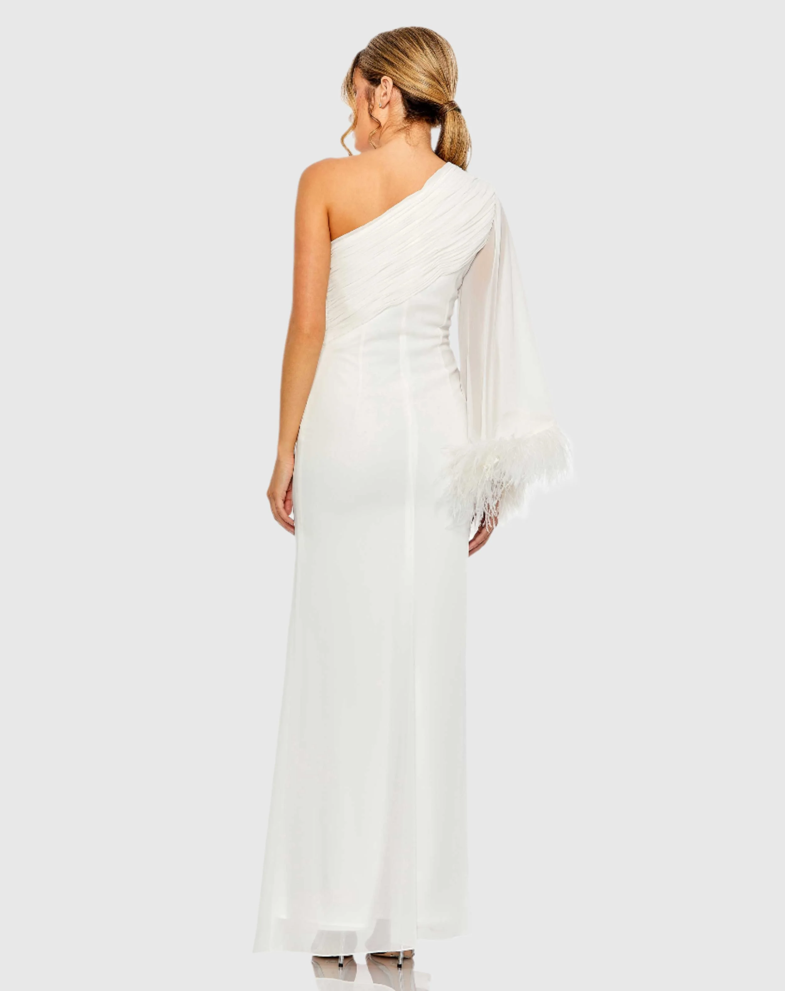 White Feather Cuff One Shoulder Ruched Gown