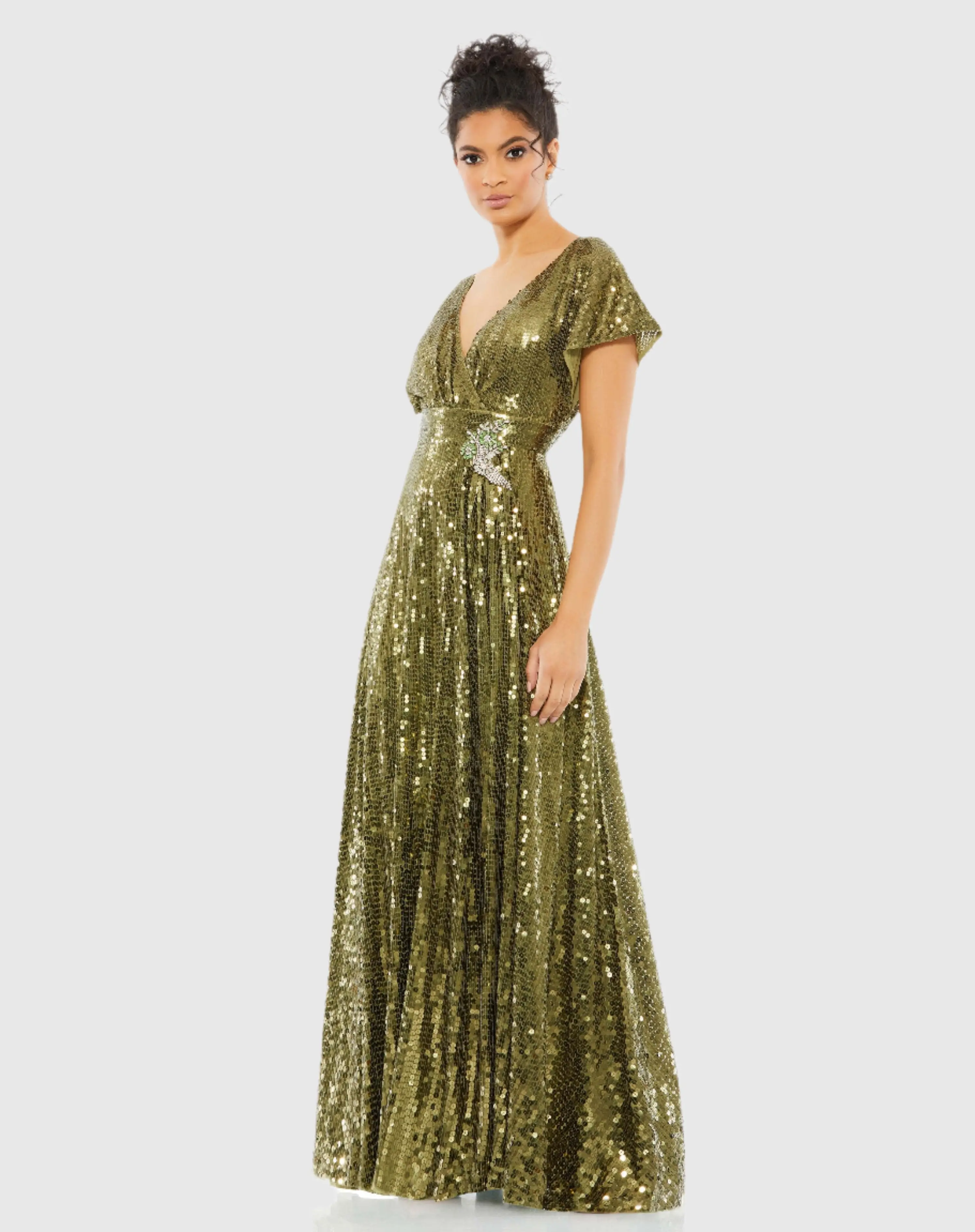 Green Sequined Butterfly Sleeve Wrap Over A Line Gown - FINAL SALE