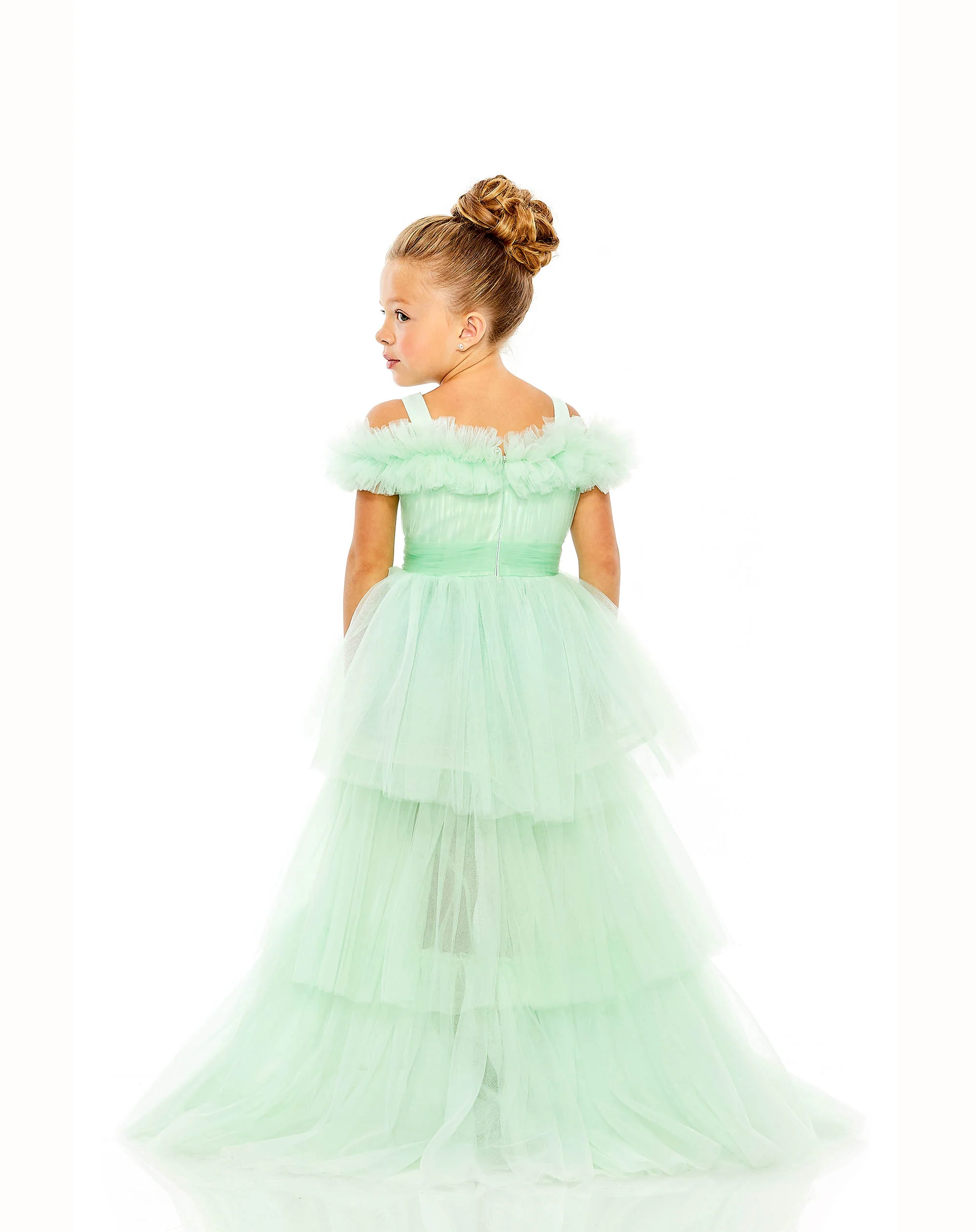 Green Girls Off the Shoulder High Low Tulle Dress
