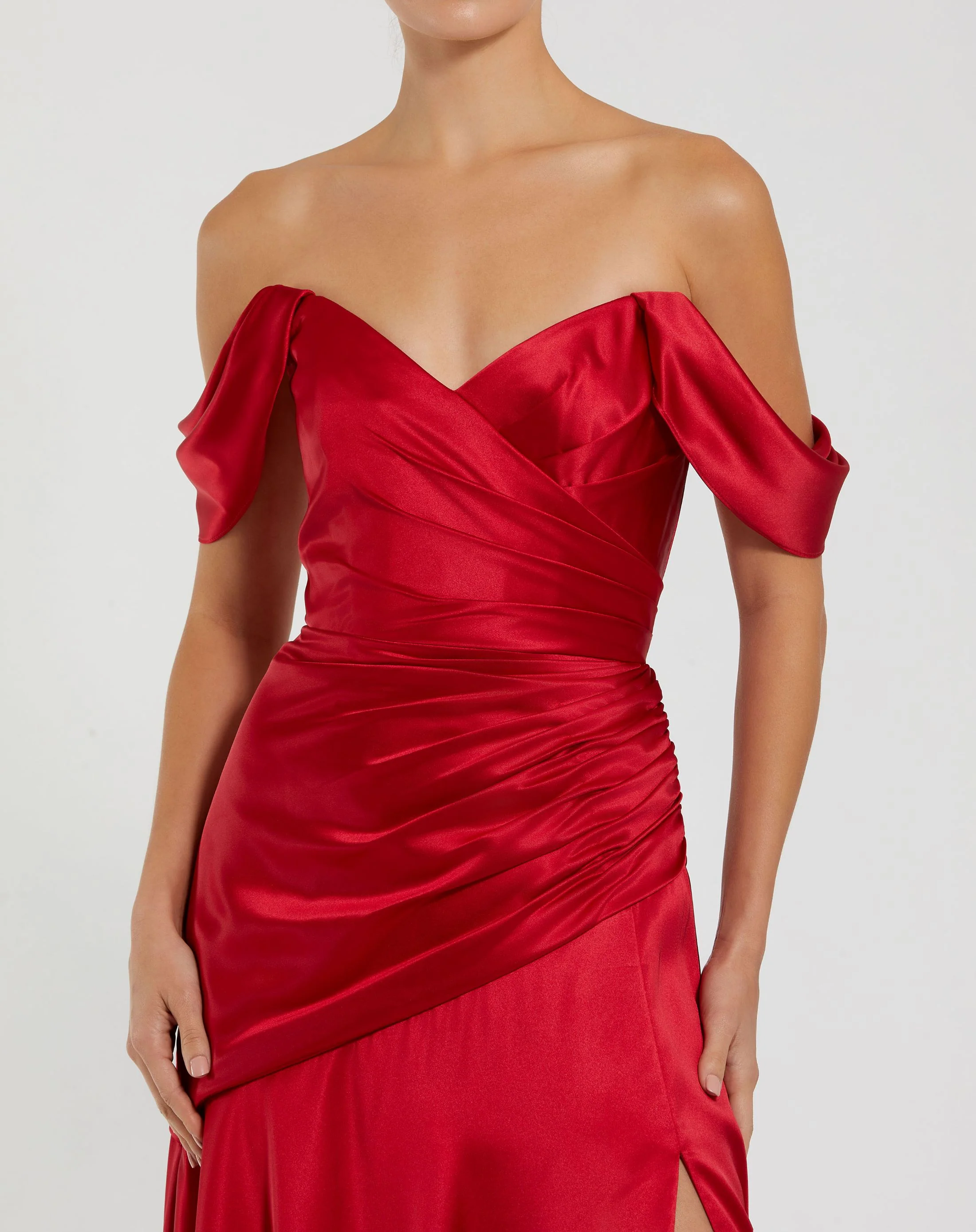 Red Hard Satin Off The Shoulder Crossover Gown