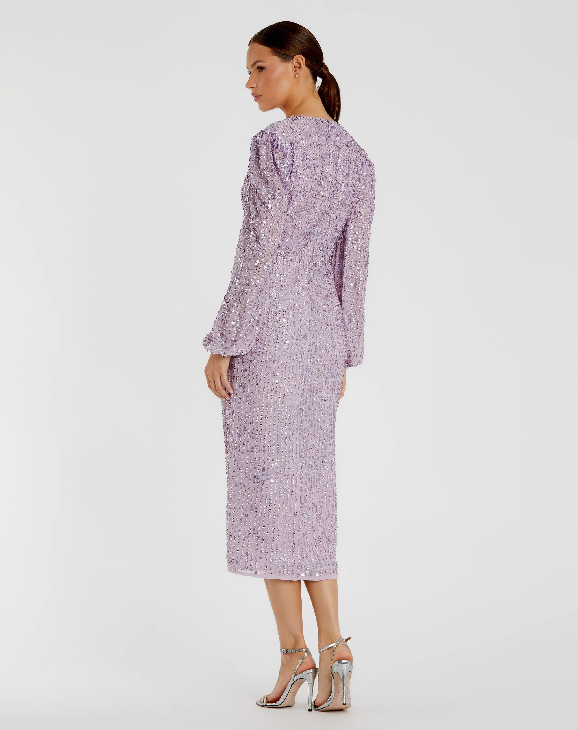 Purple Sequined Illusion Puff Sleeve V Neck Midi Dress