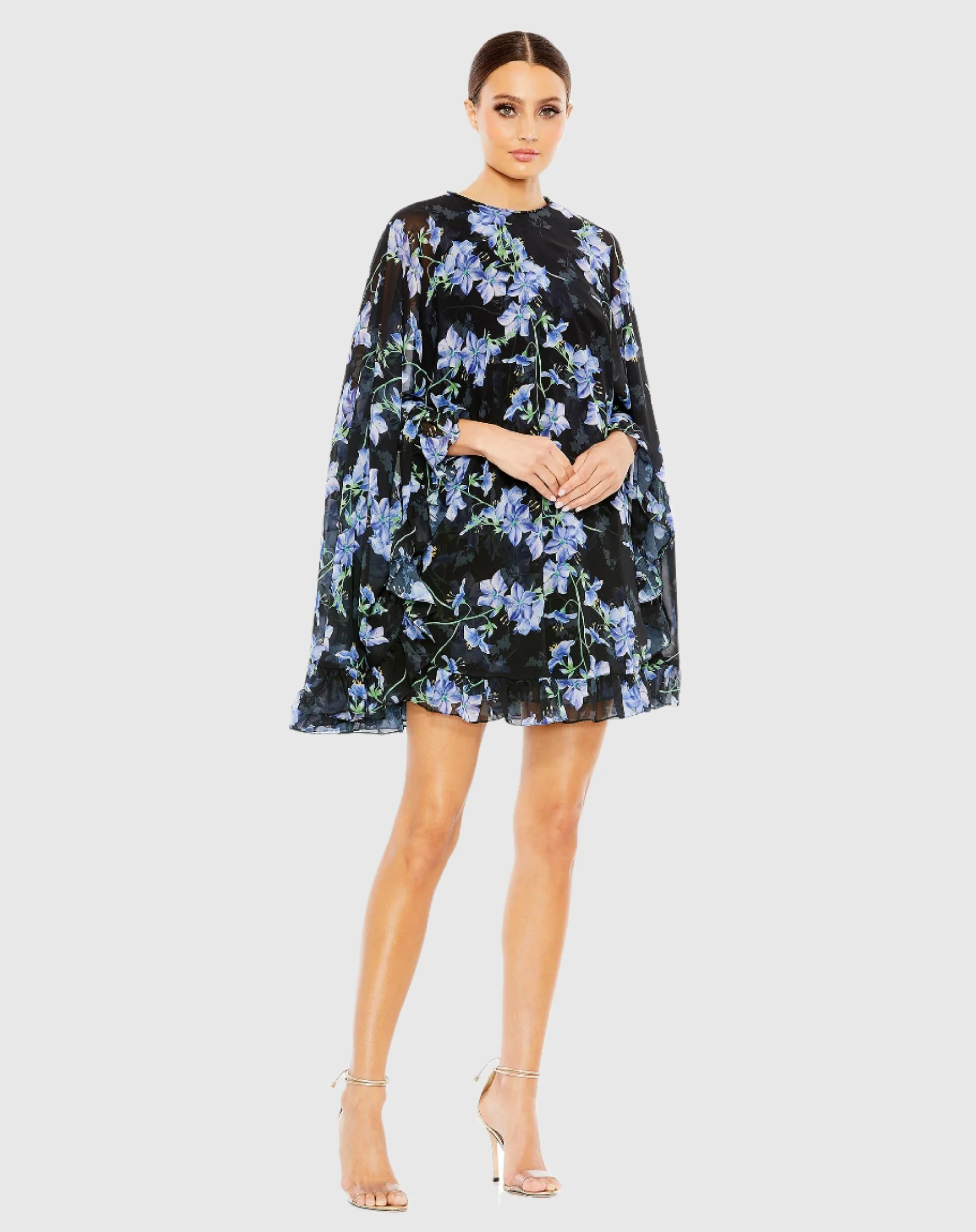 Black Floral Print High Neck Ruffle Hem Cape Mini Dress