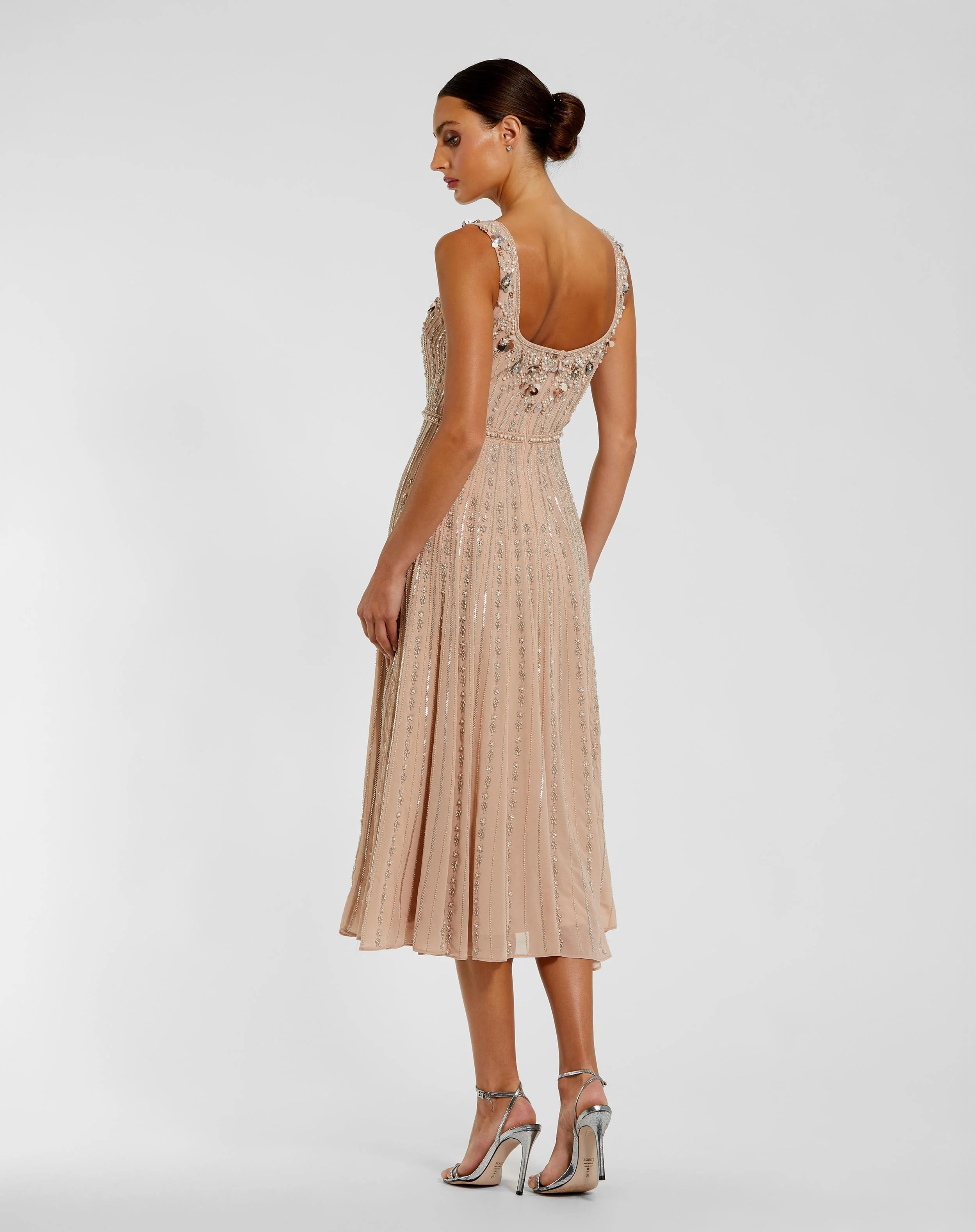 Pink Sleeveless Scoop Neck Beaded Georgette Midi Dress