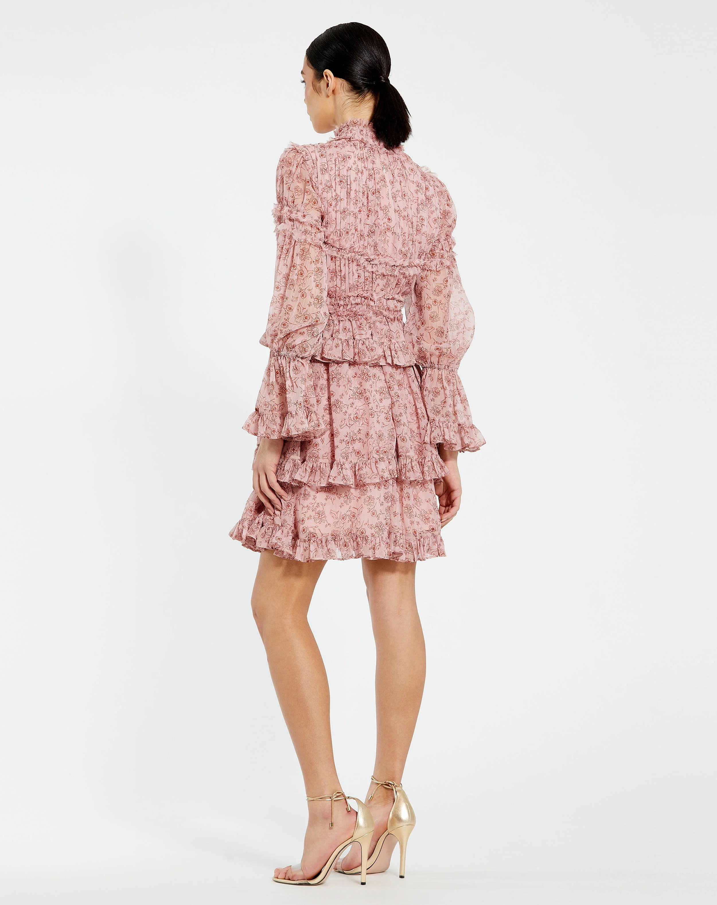 Pink Long Sleeve Open Front High Neck Ruffle Mini Dress