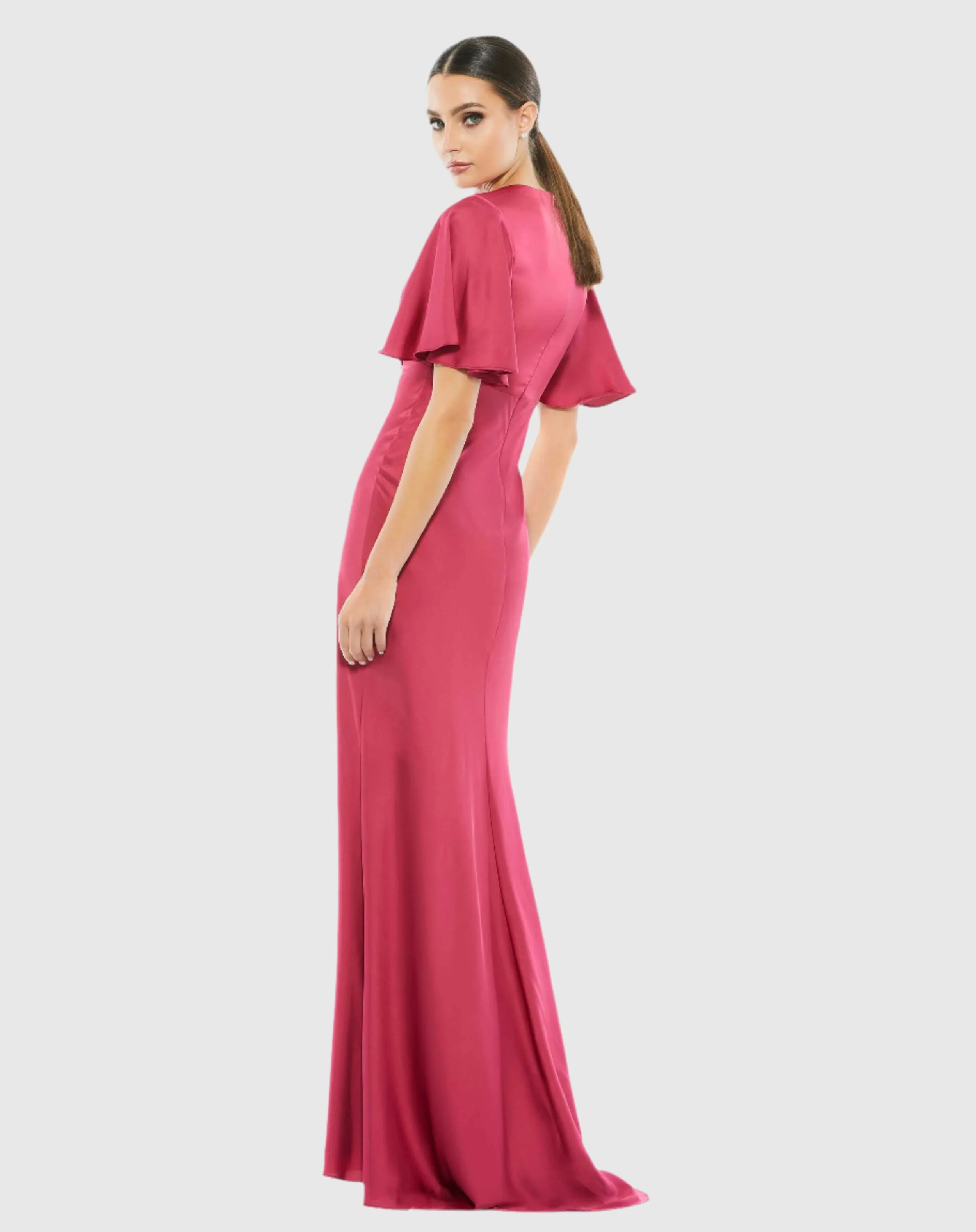 Pink Flounce Sleeve V-Neck Trumpet Gown