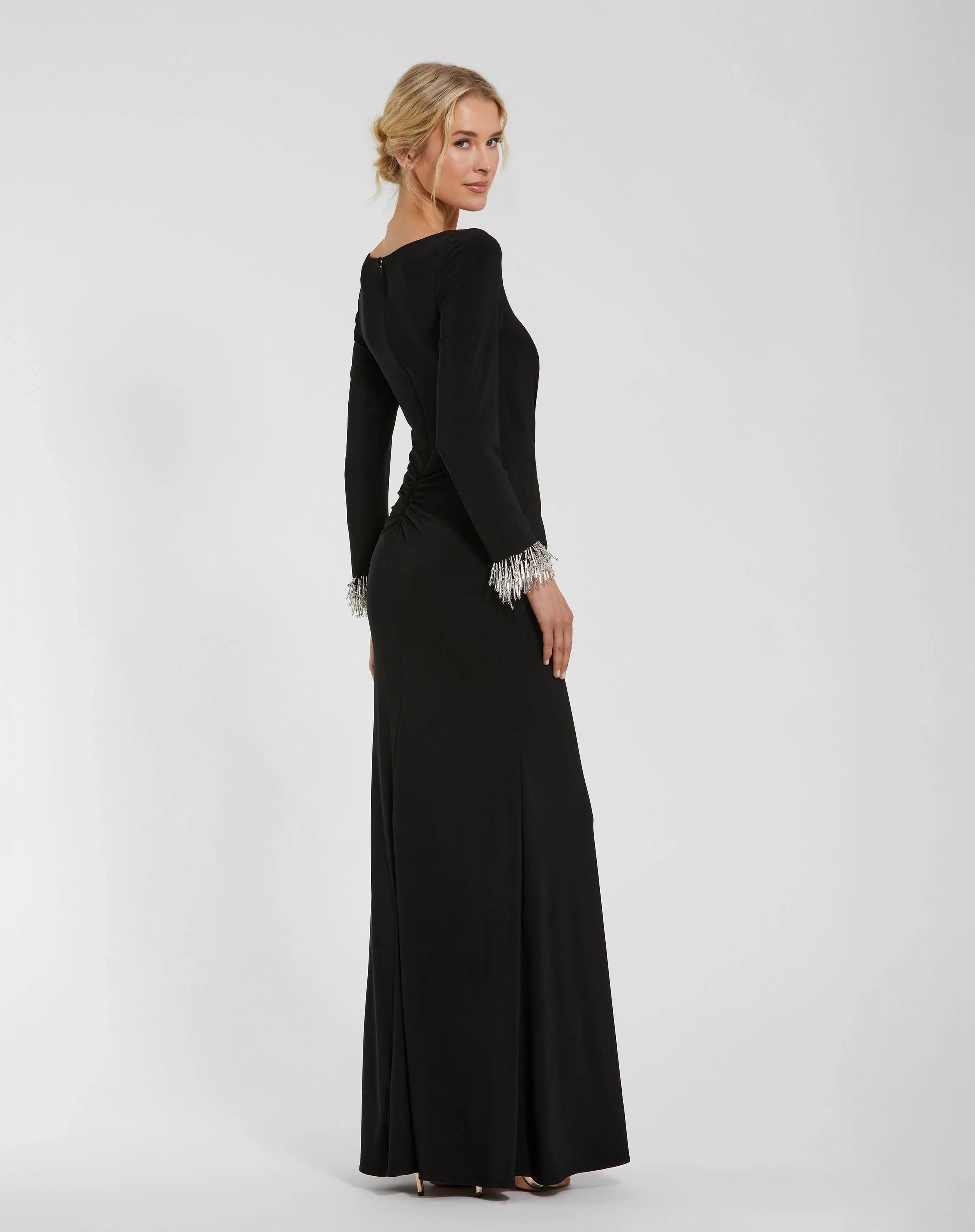 Long Sleeve Jersey Gown With Beaded Cuff Sleeves