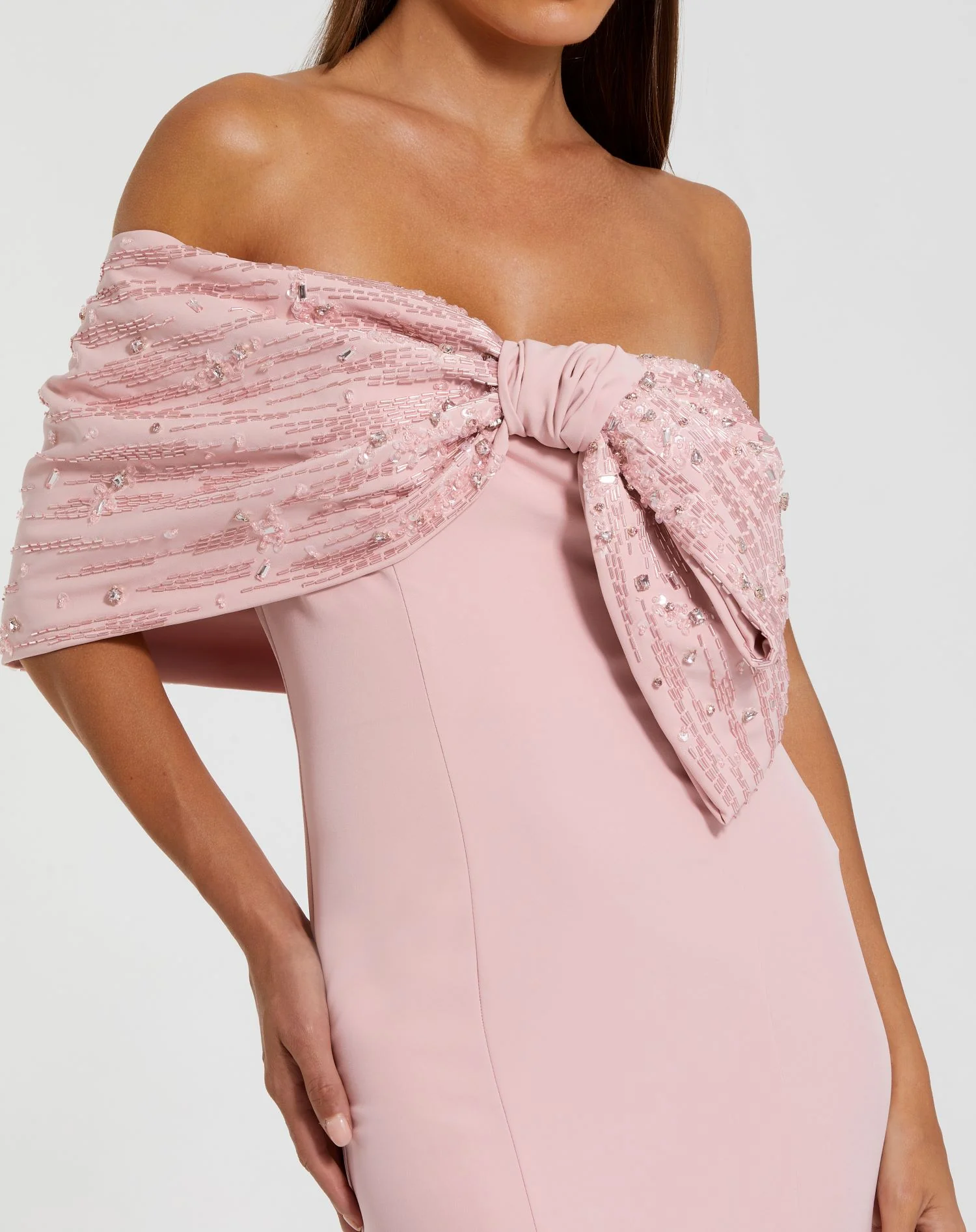 Pink Beaded Off The Shoulder Bow Satin Mermaid Gown