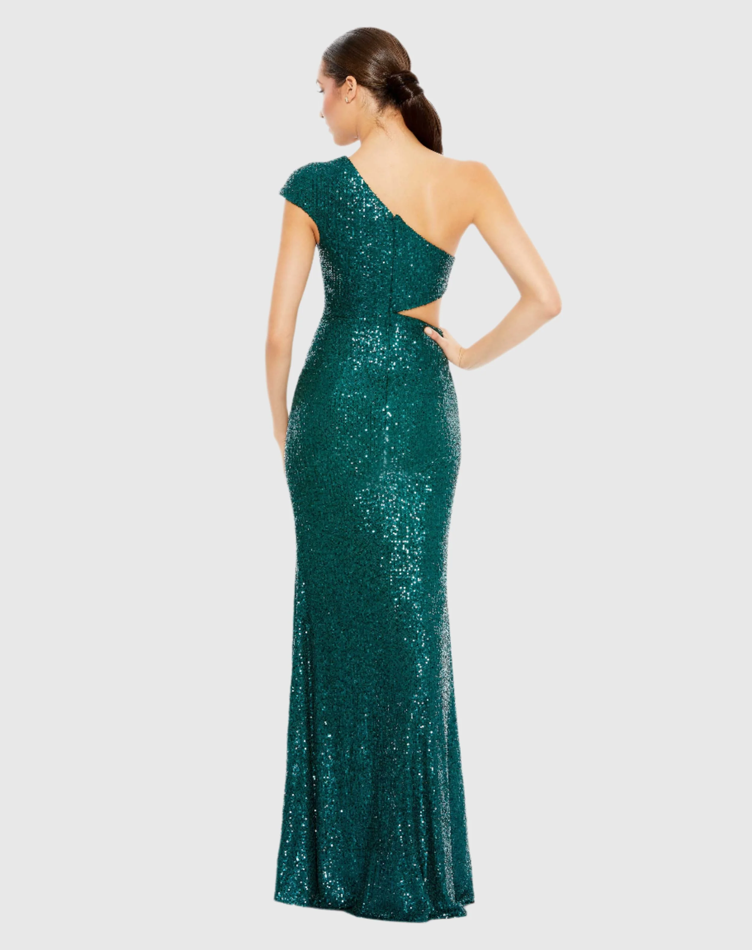 Green Sequined One Shoulder Cap Sleeve Cut Out Gown - FINAL SALE