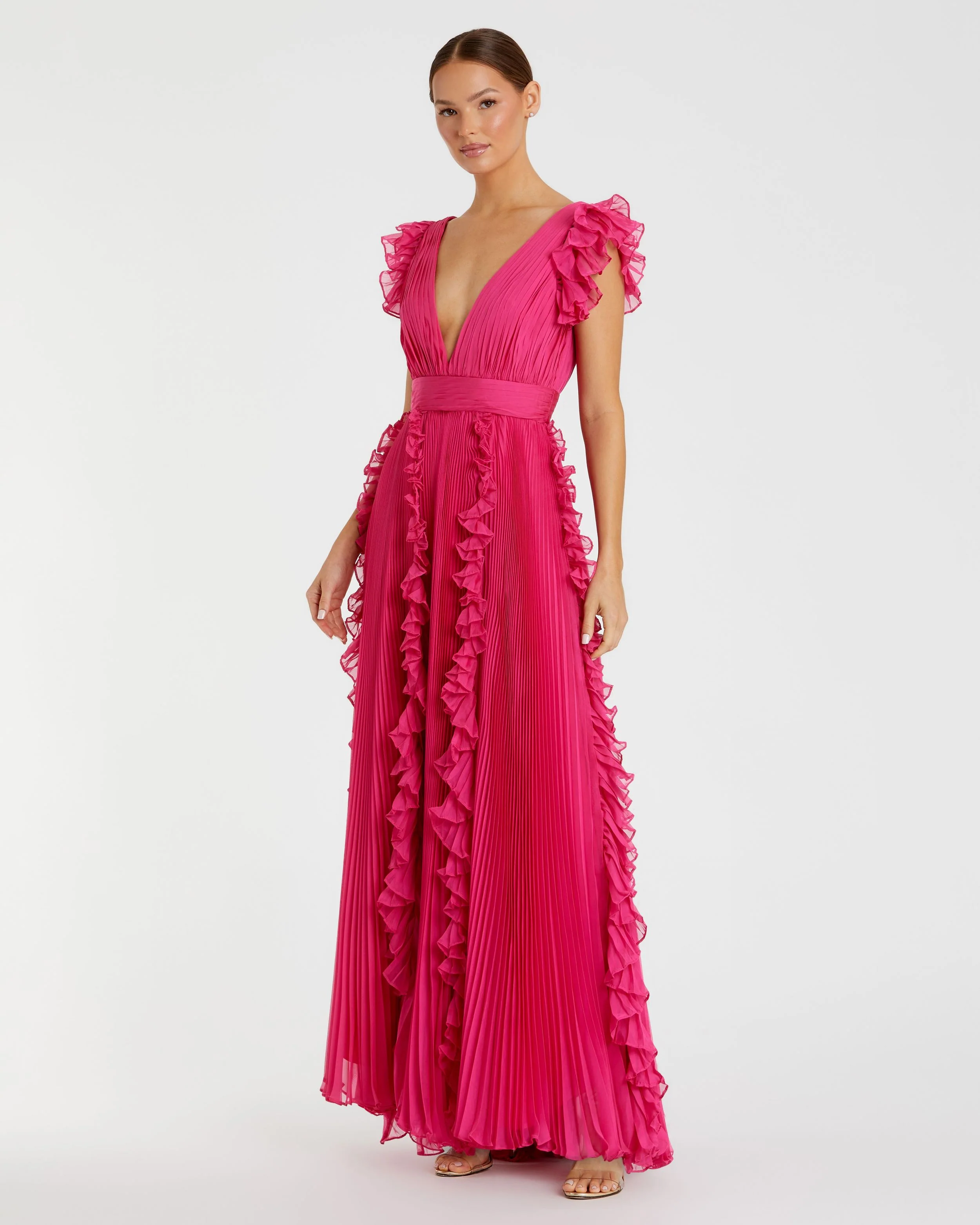 Pleated Ruffle Cap Sleeve Flowy A Line Gown
