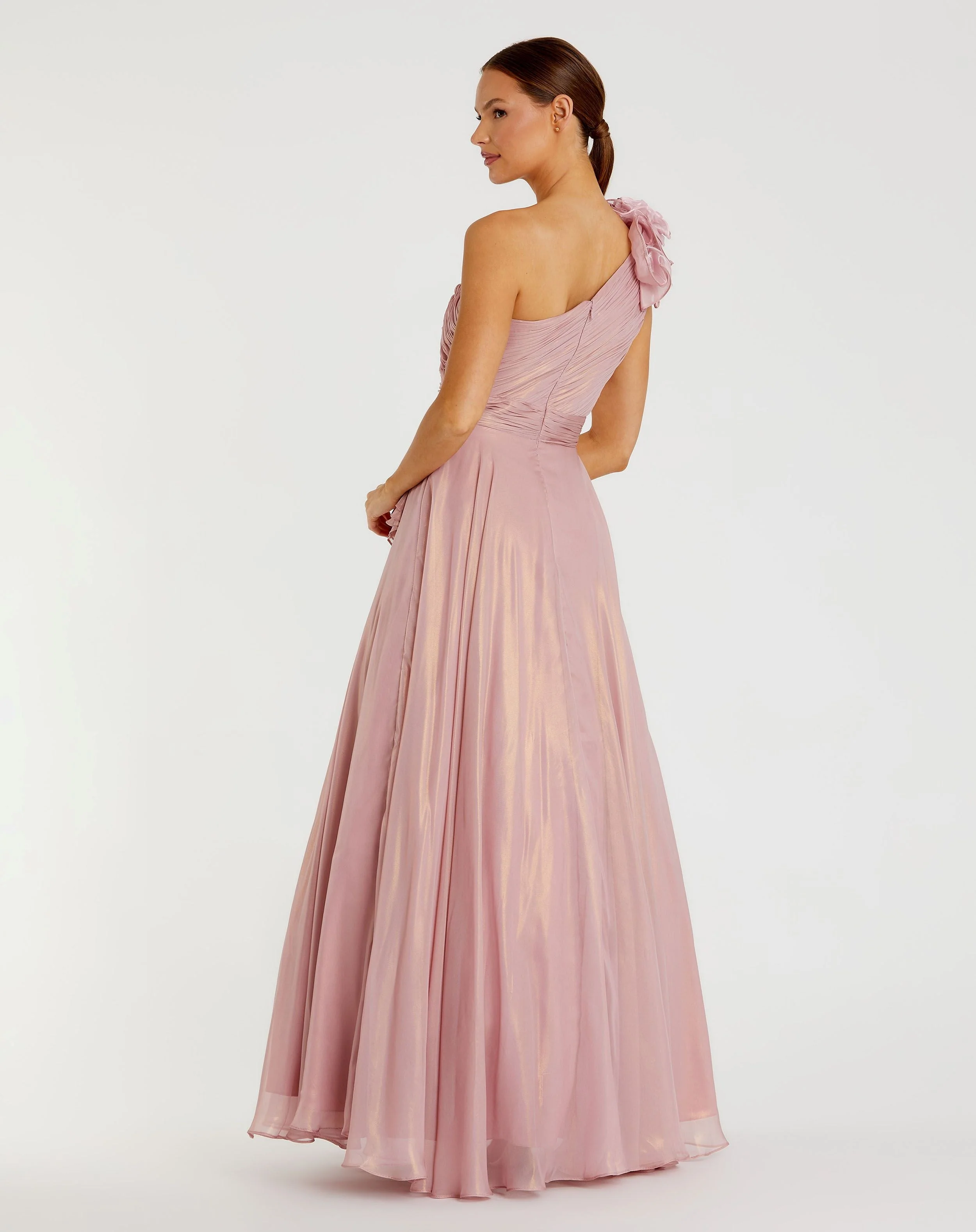 Pink Iridescent One Shoulder Rosette Ball Gown