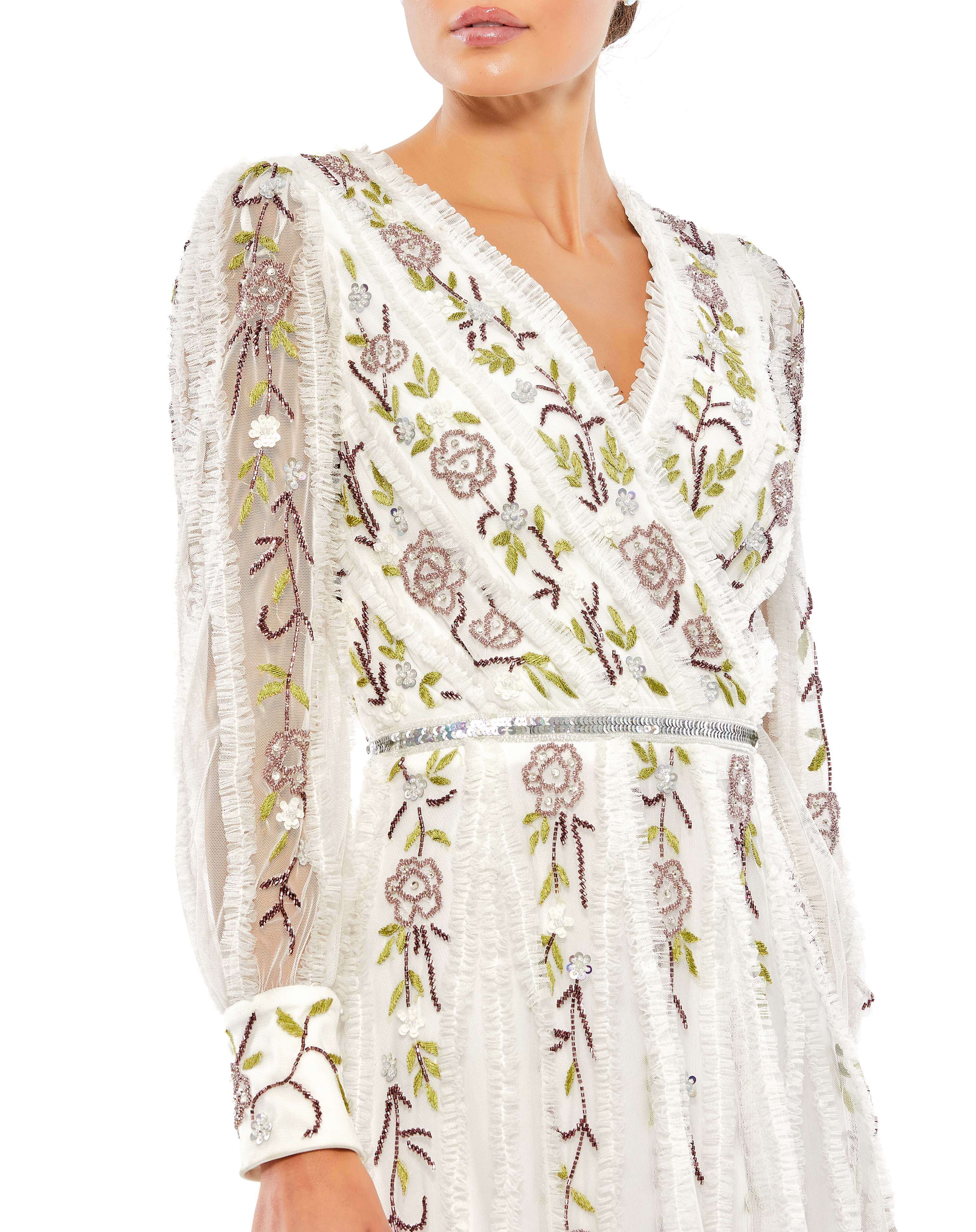 White Long Sleeve Embroidered Wrap Midi Dress