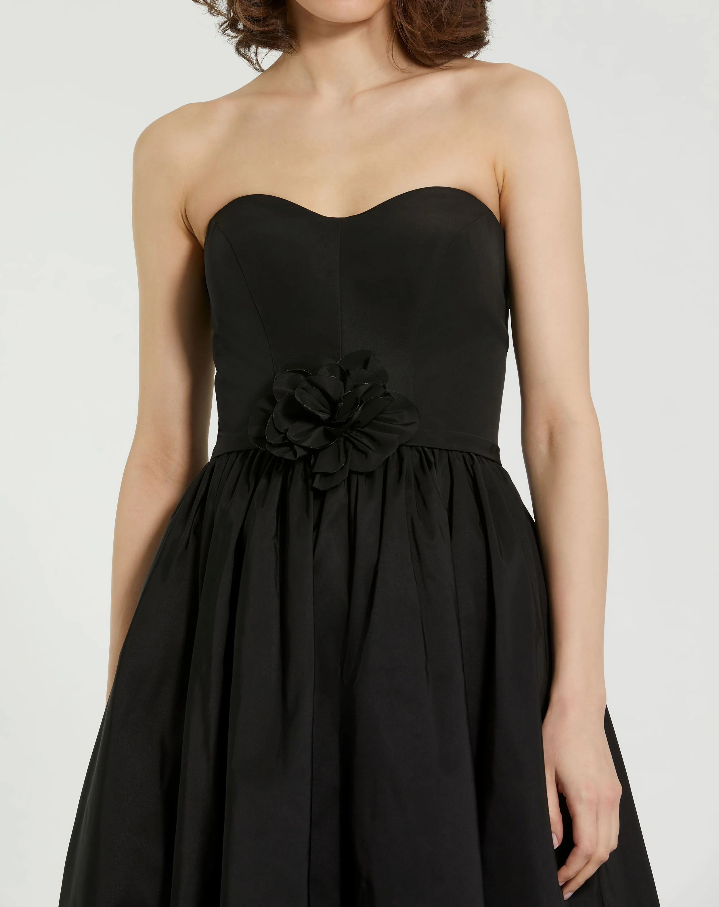 Black Faille Strapless A Line Midi Dress With 3D Rose