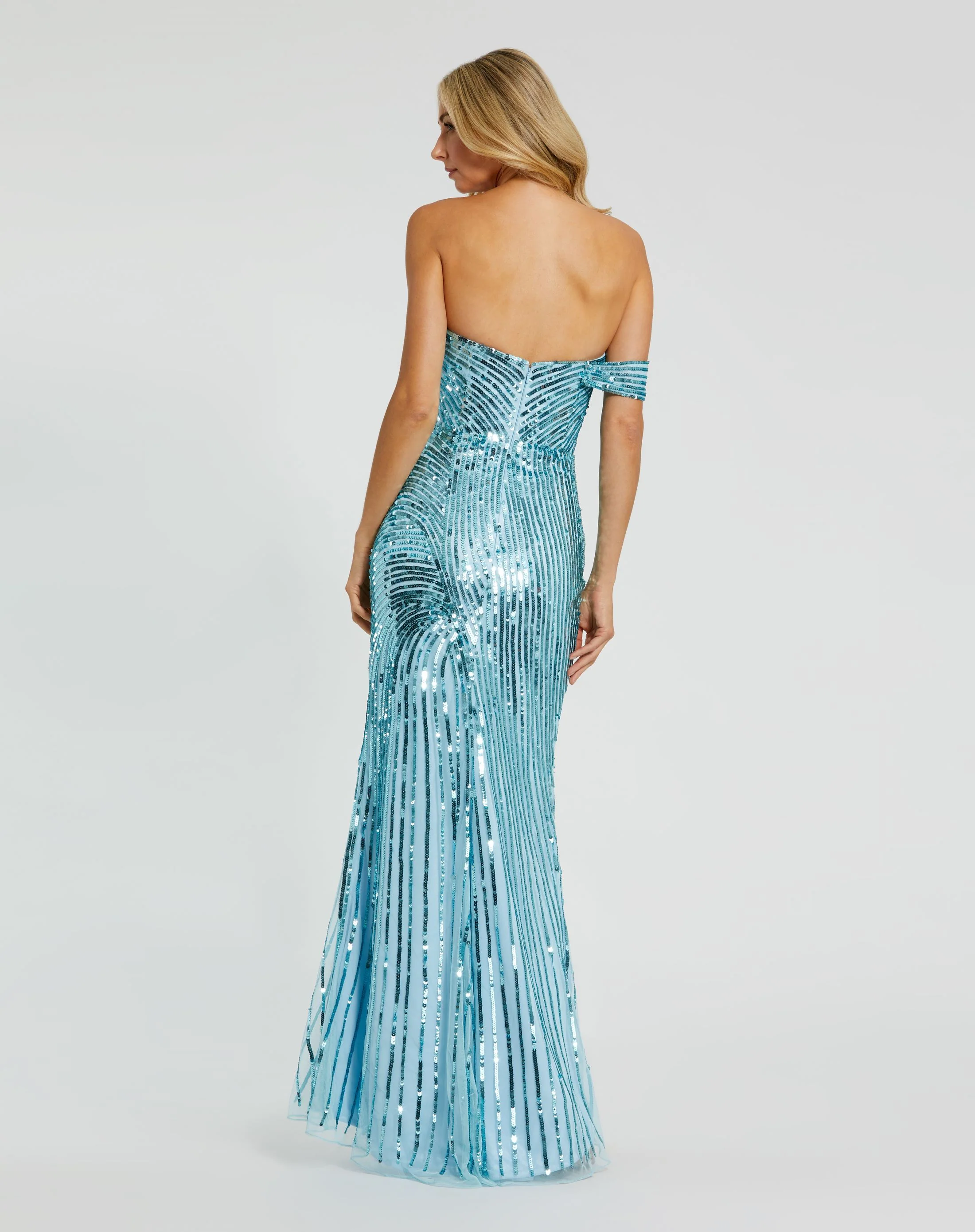 Blue One Shoulder Mesh Sequin Gown With Slit