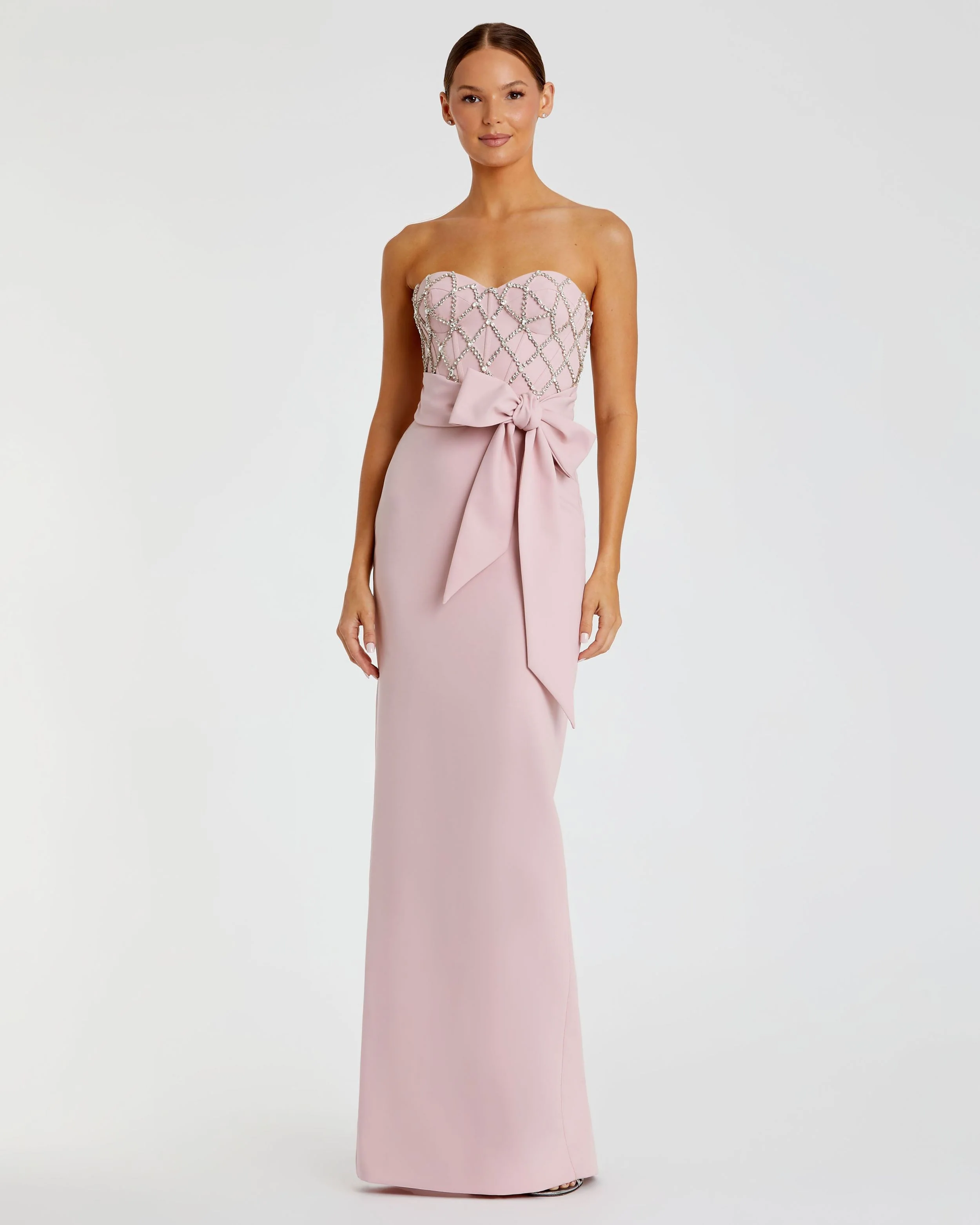 Strapless Crepe Embellished Bustier Gown With Bow