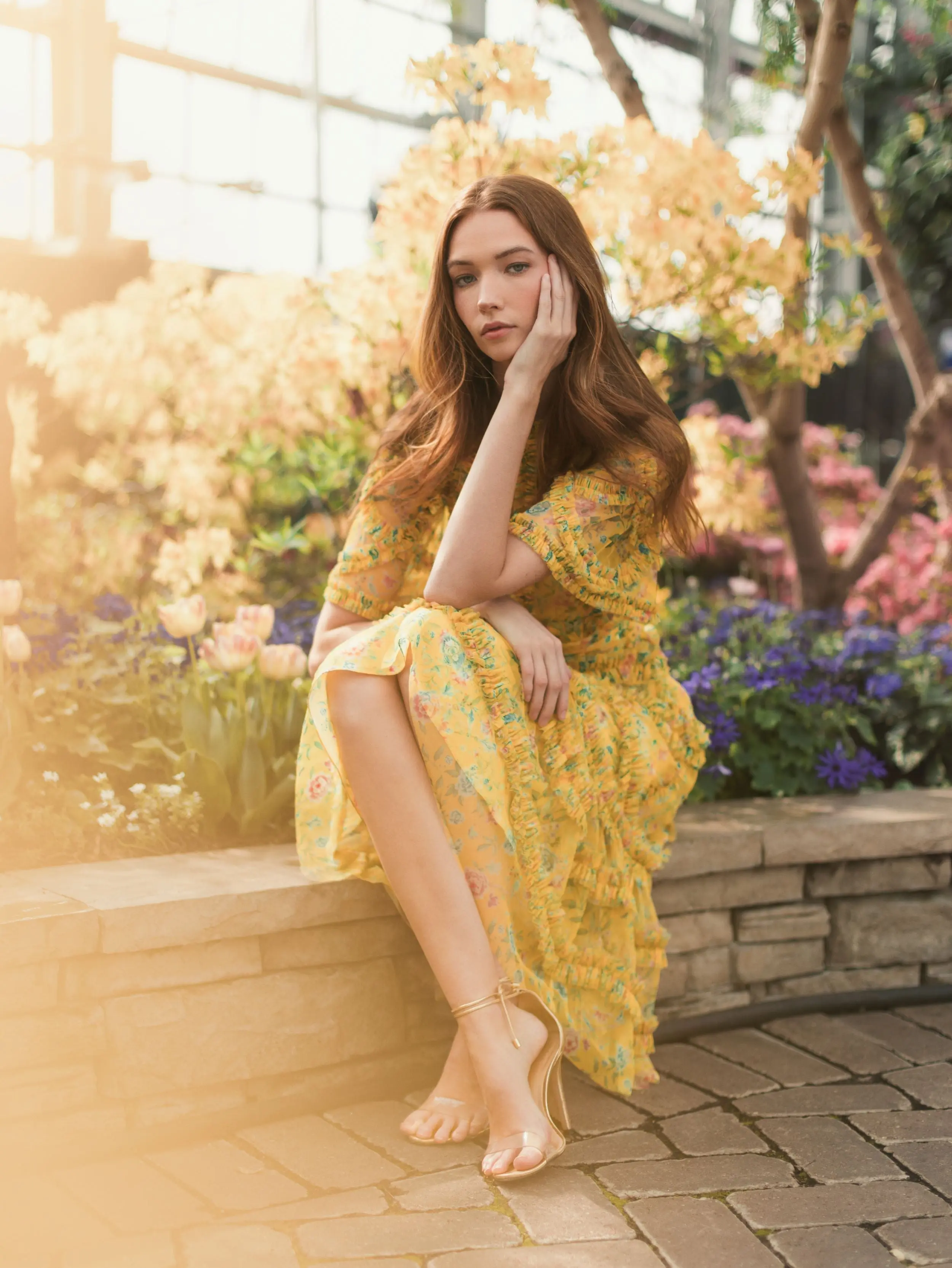 Yellow Floral Flutter Sleeve Mesh Print Dress