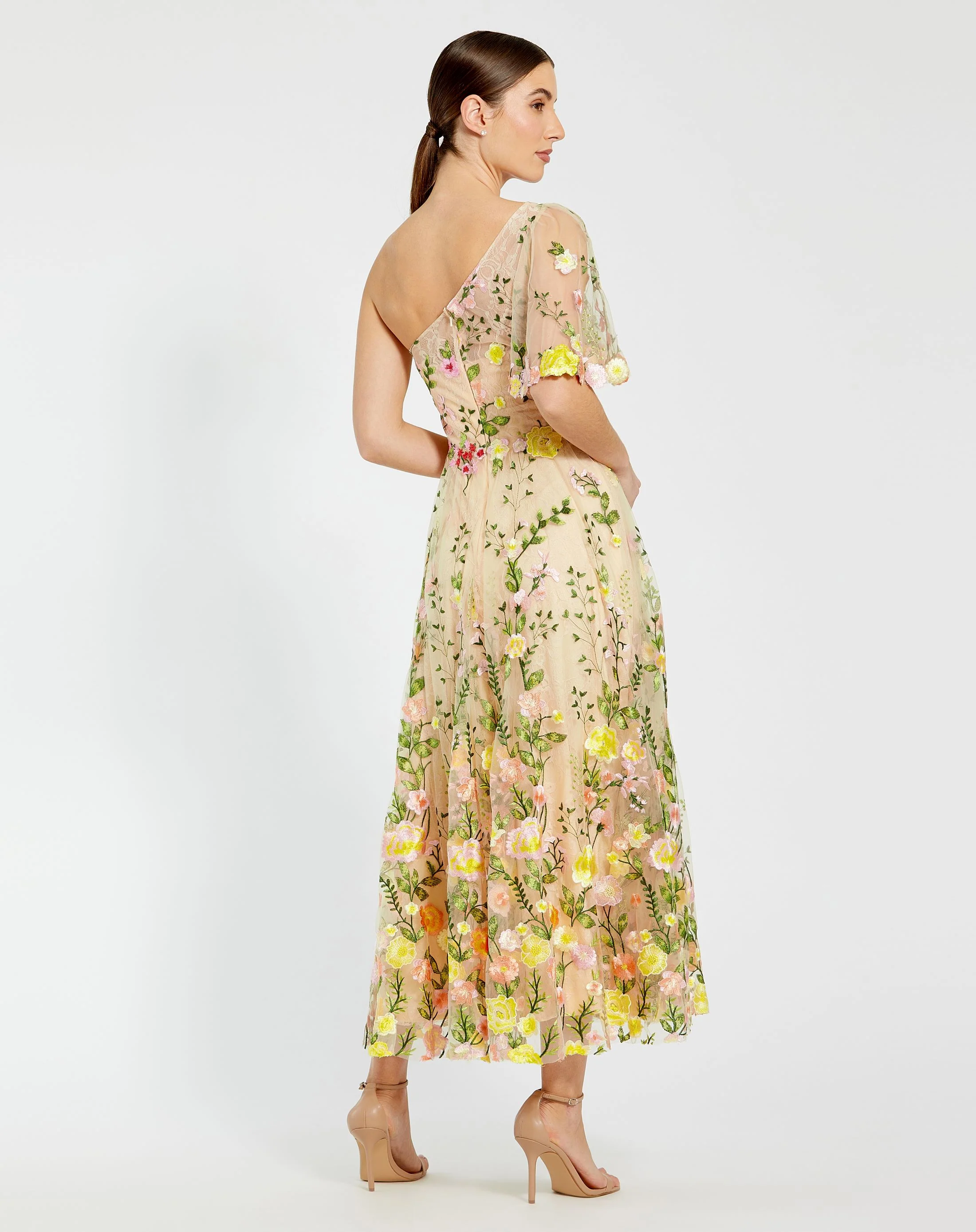 Yellow One Shoulder Lace Embroidered Dress