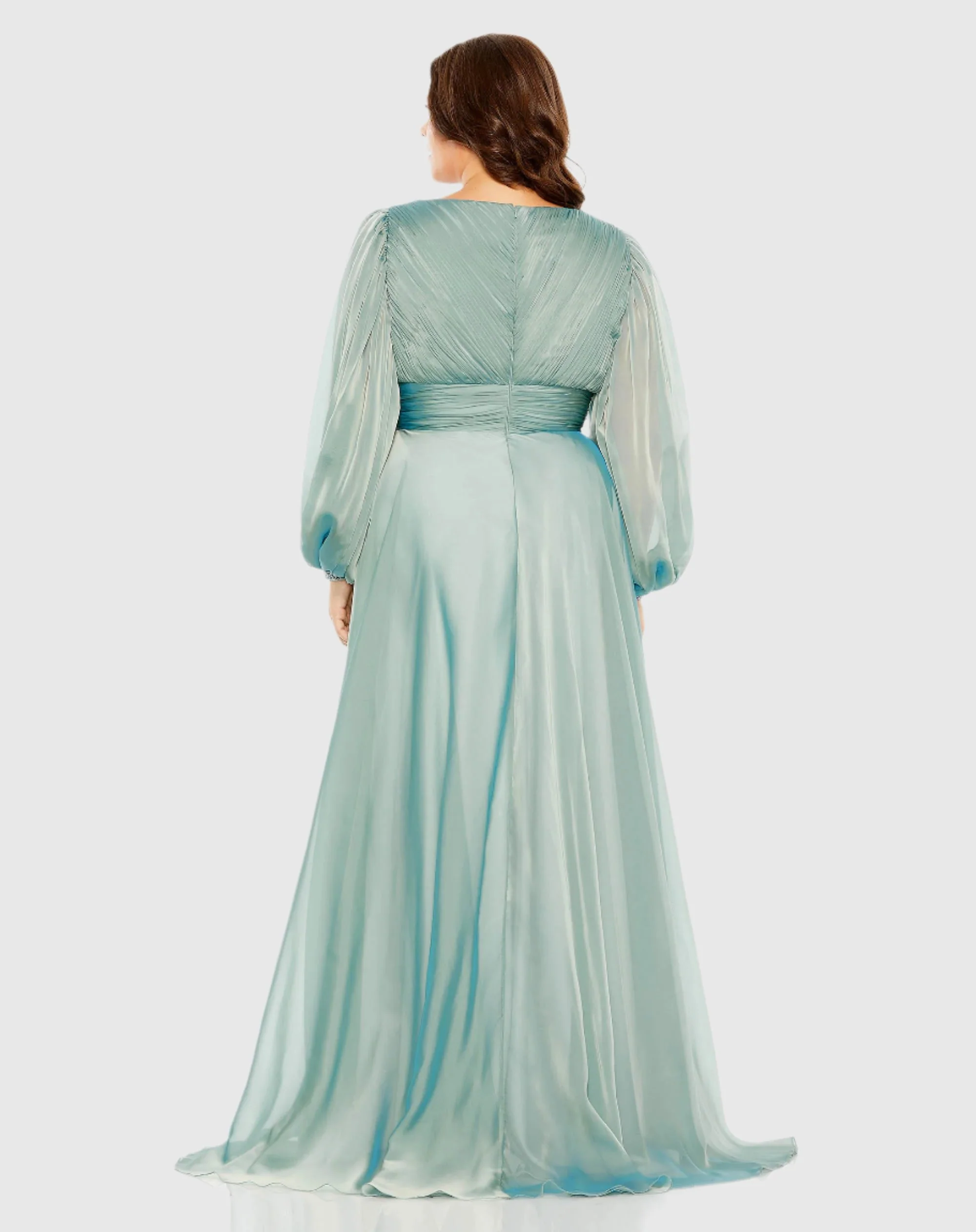 Blue Puff Sleeve w/ Embellished Cuff V Neck A Line Gown