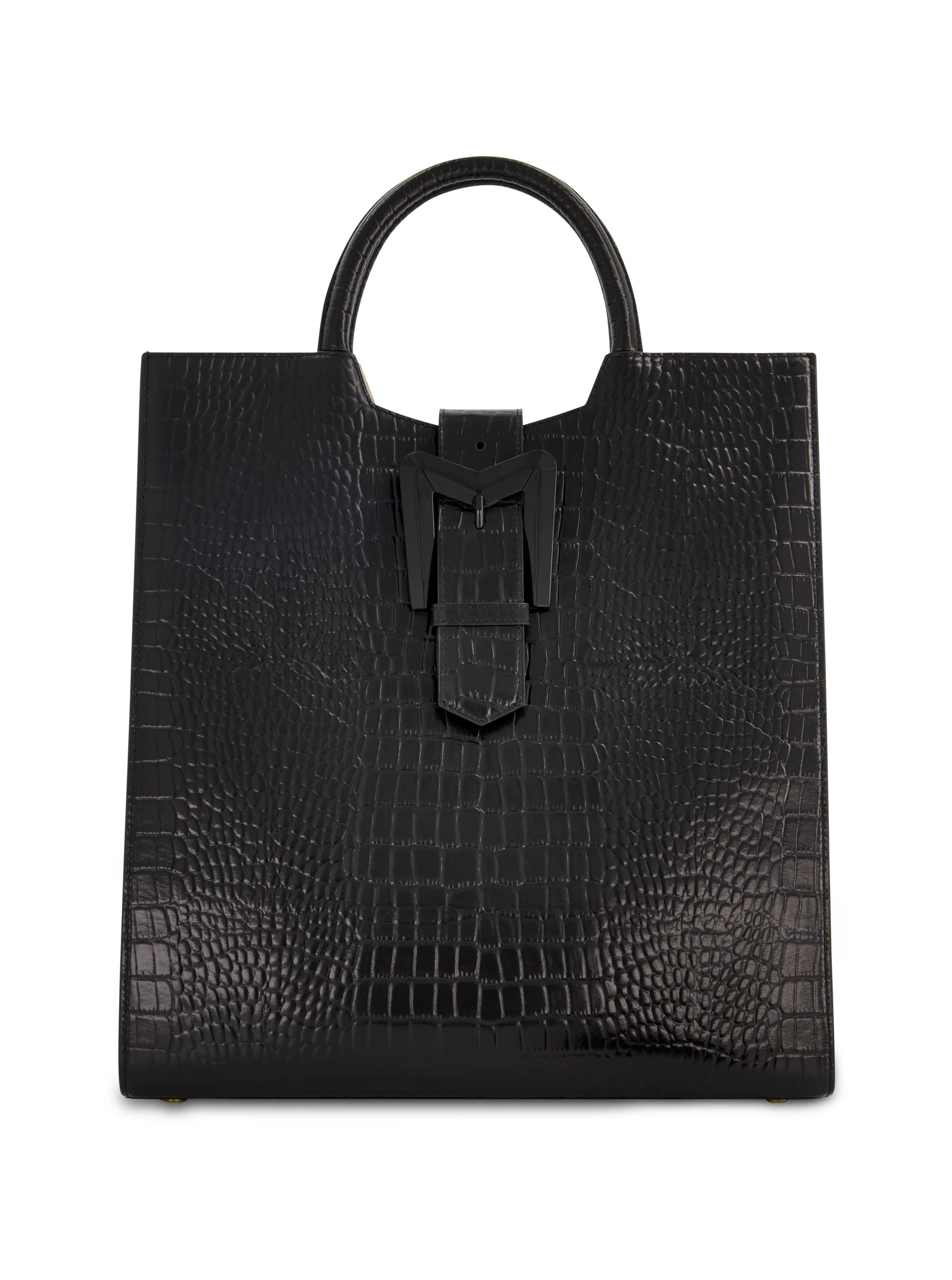 Buckled Maxi Croco Black Leather Tote Bag