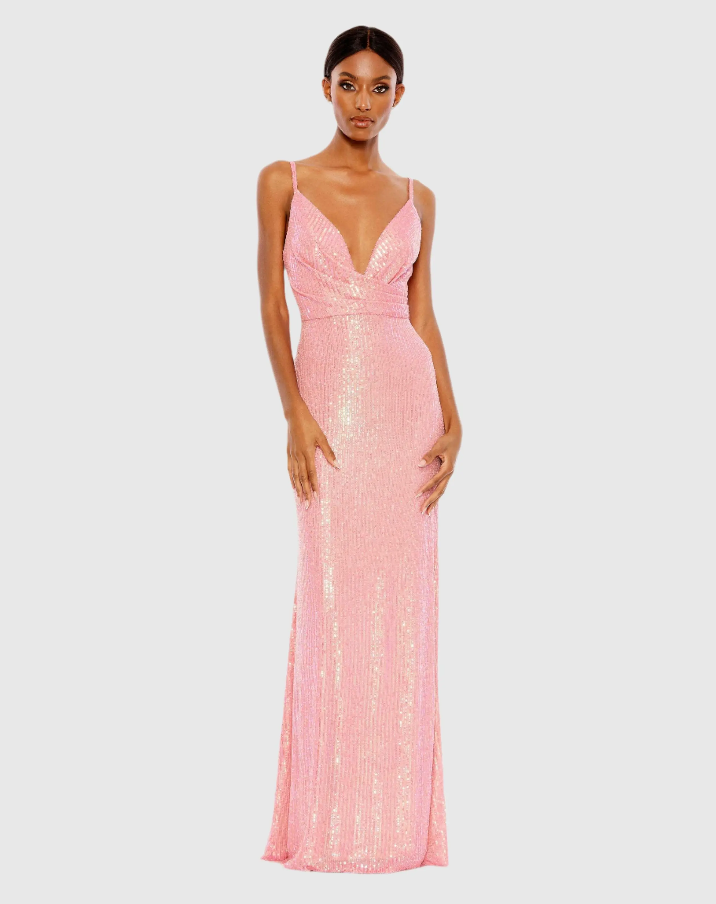 Pink Sequined Draped V Neck Gown