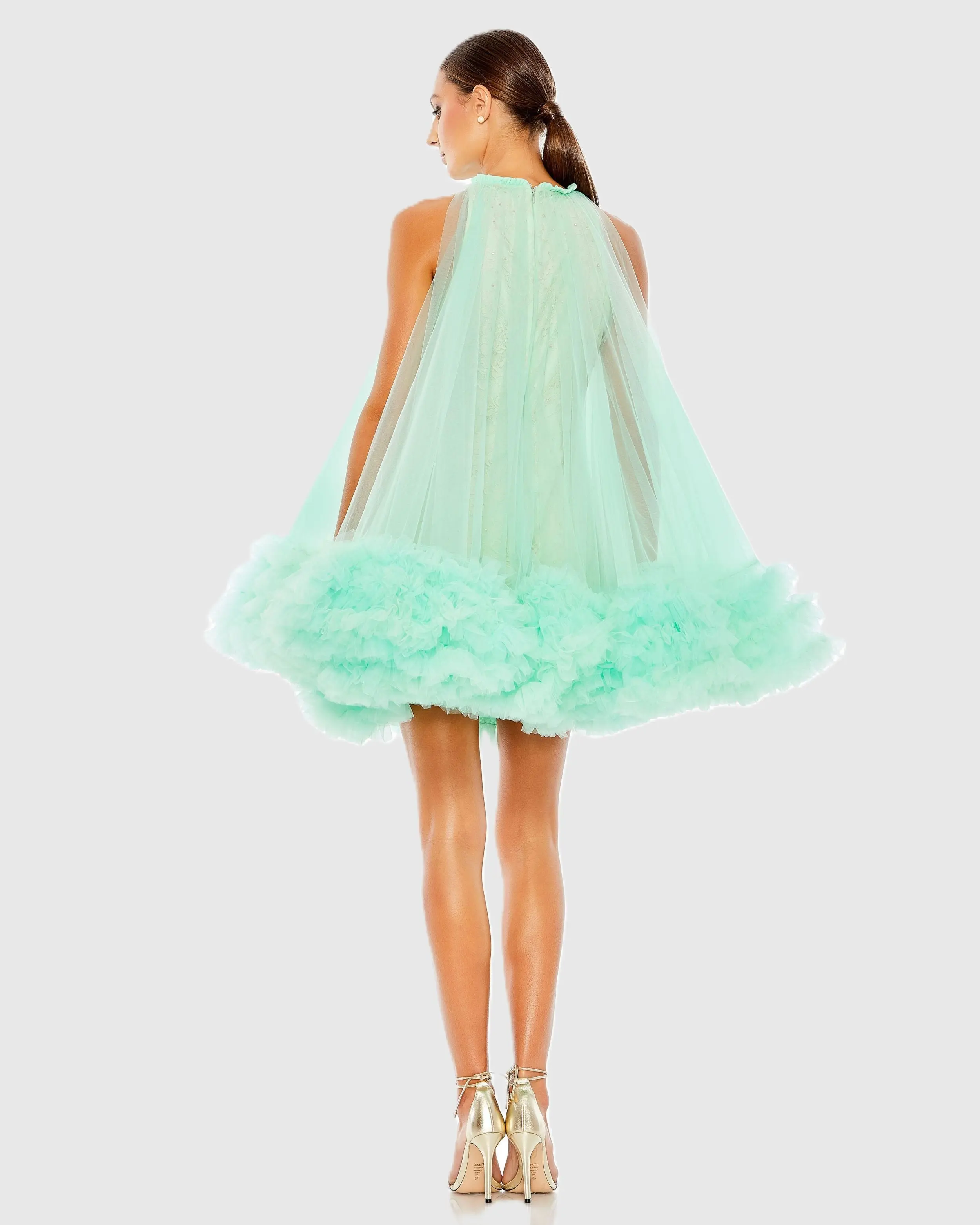 Green High Neck Gathered Tulle A-Line Swing Dress
