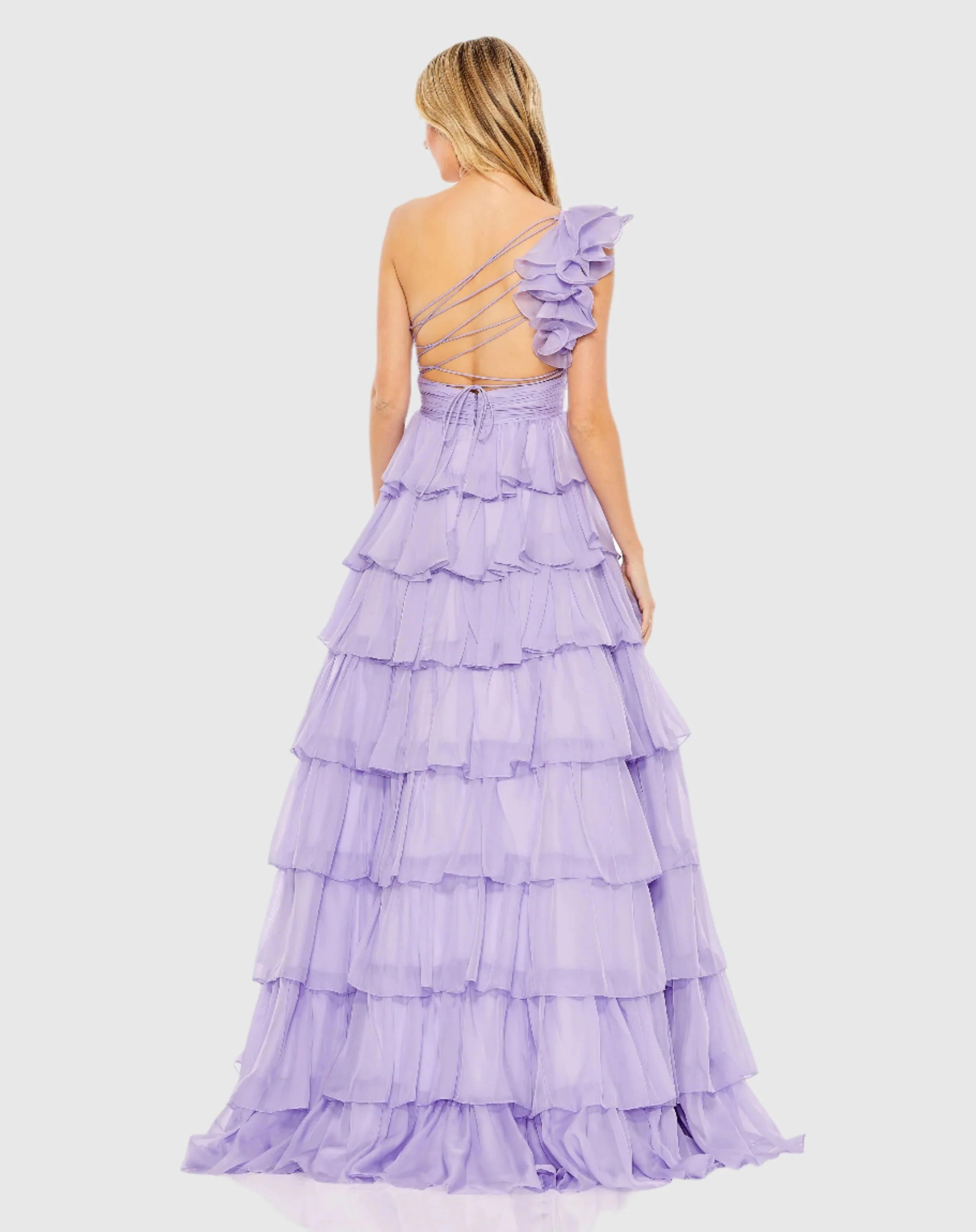Purple One Shoulder Ruffle Tiered Ballgown
