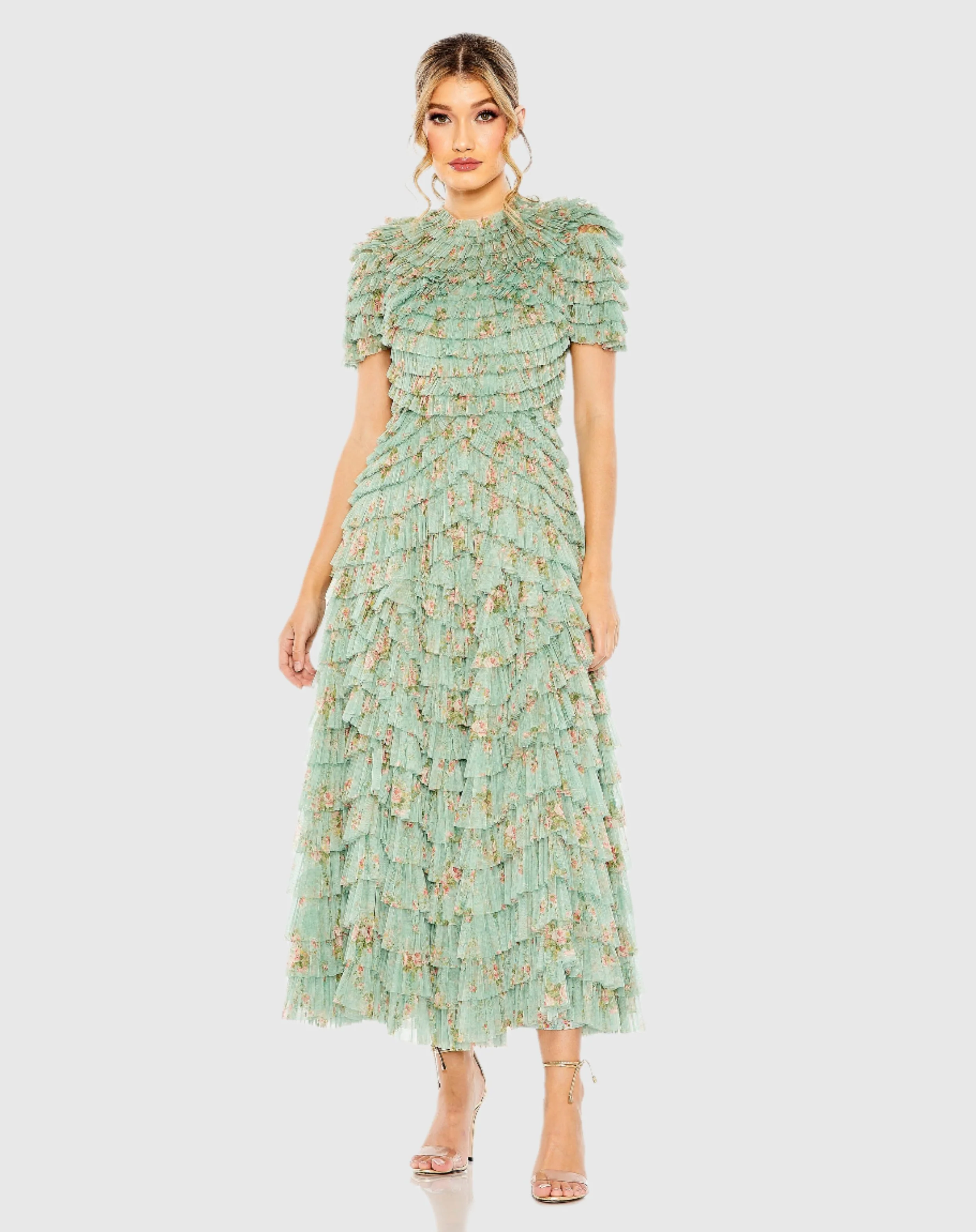Green Ruffle Tiered Short Sleeve A Line Dress