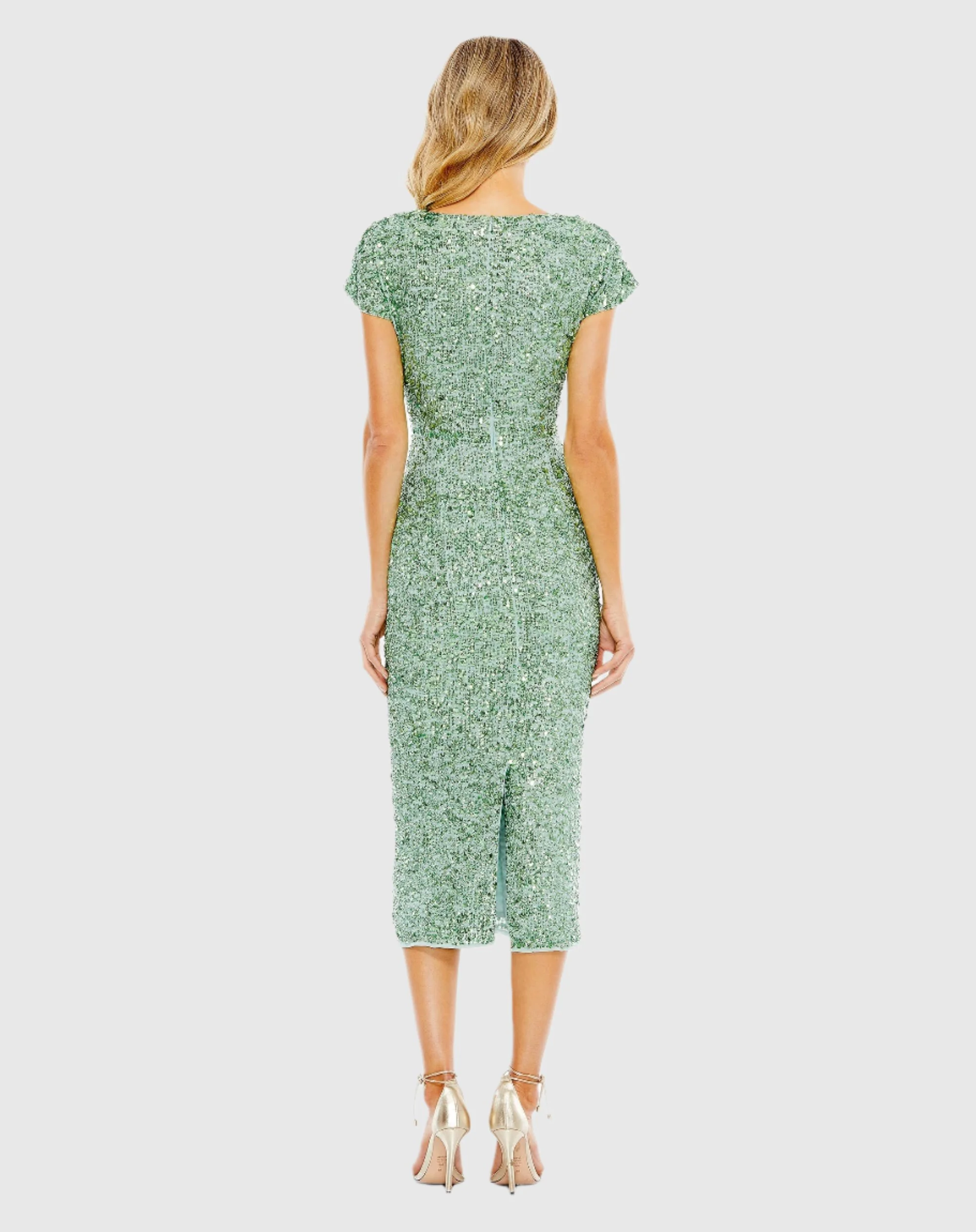 Green Sequined Short Sleeve Wrap Over Cocktail Dress