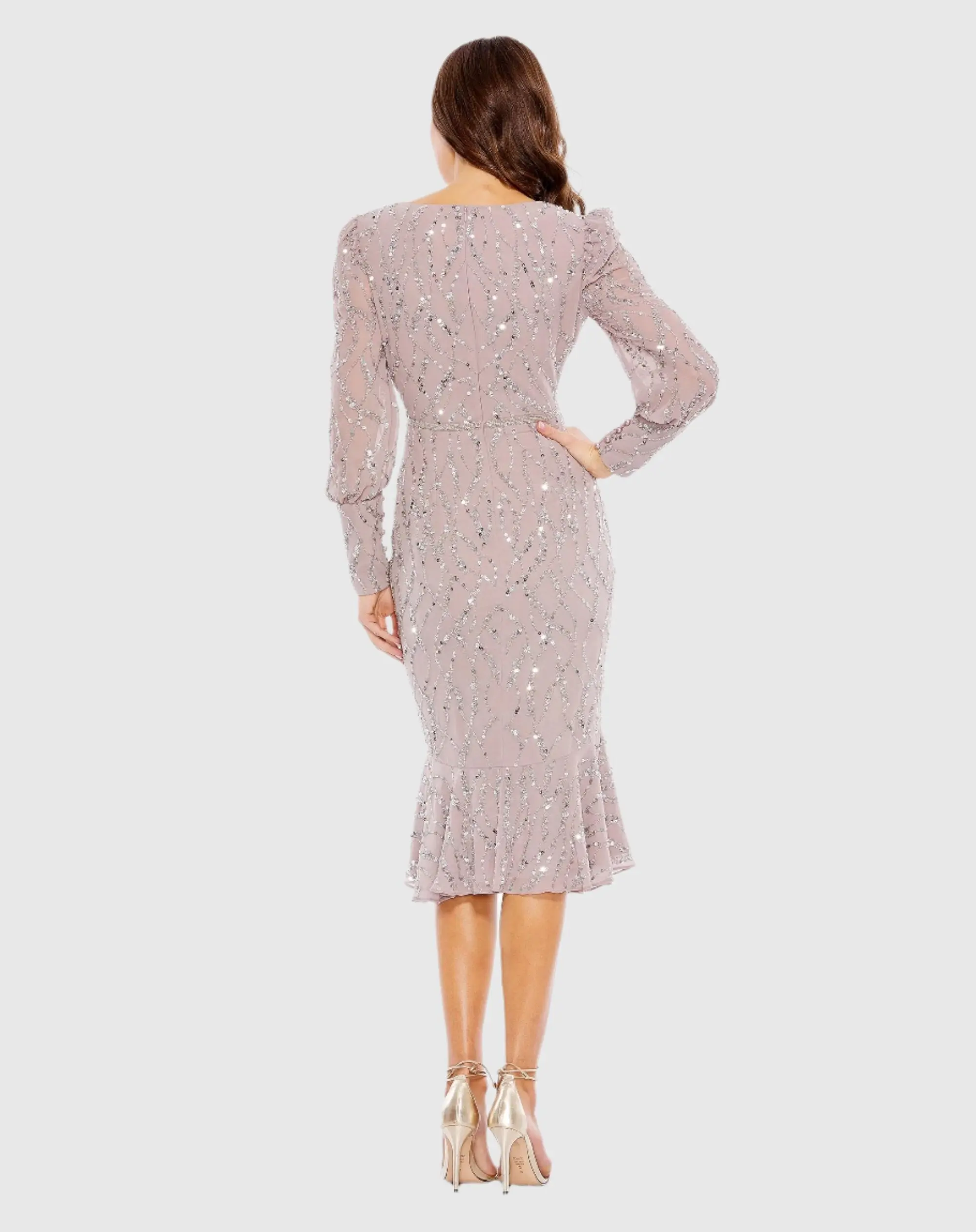 Sequined V Neck Illusion Long Sleeve Trumpet Dress