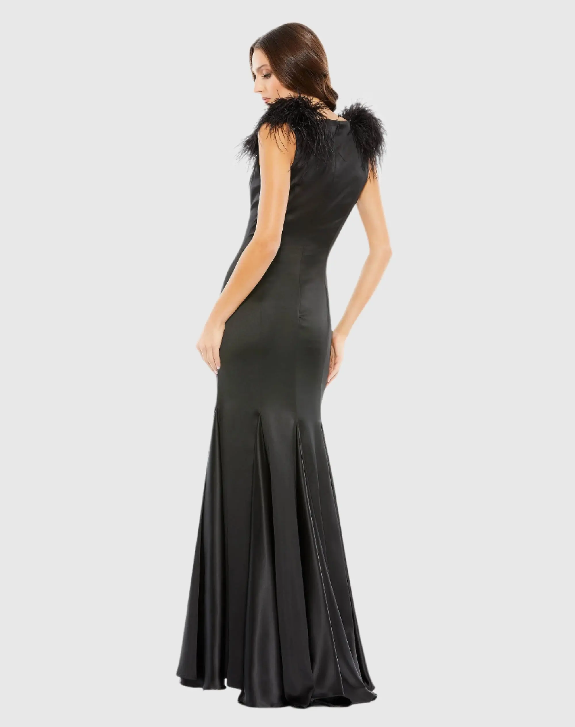 Black Feather Shoulder V-Neck Gown