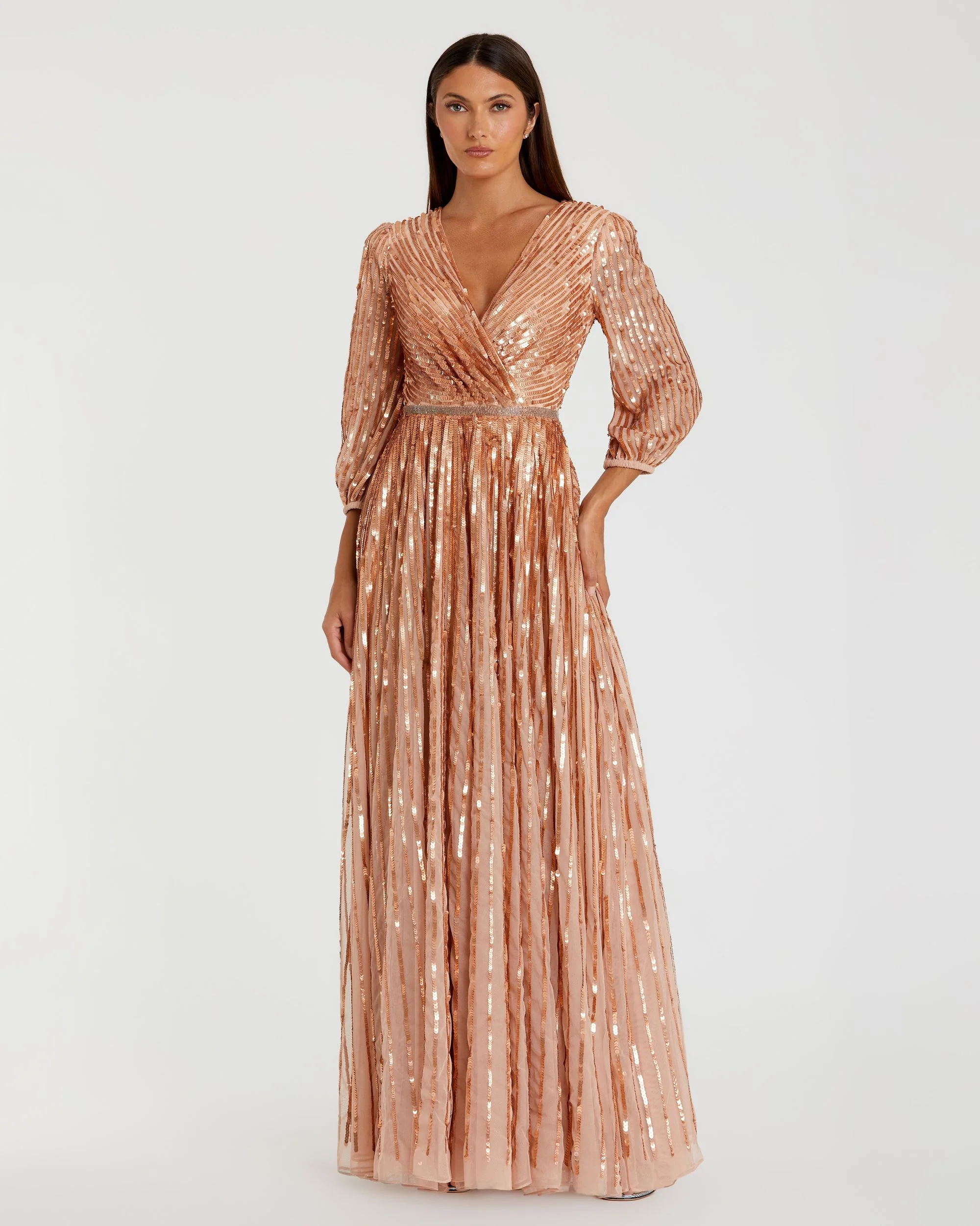 Pink Sequined Wrap Over 3/4 Sleeve Gown