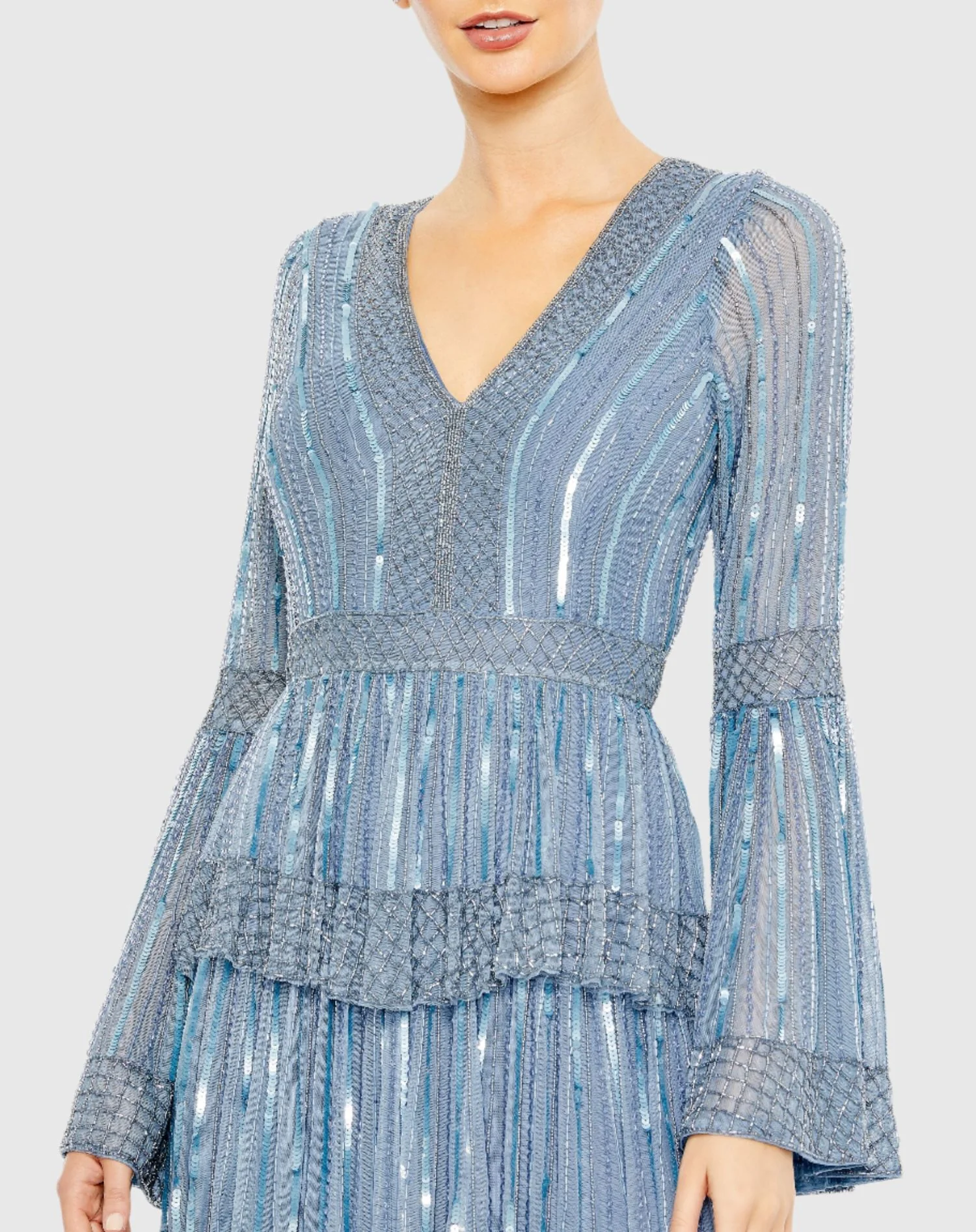 Blue Embellished Bell Sleeve Tiered Gown