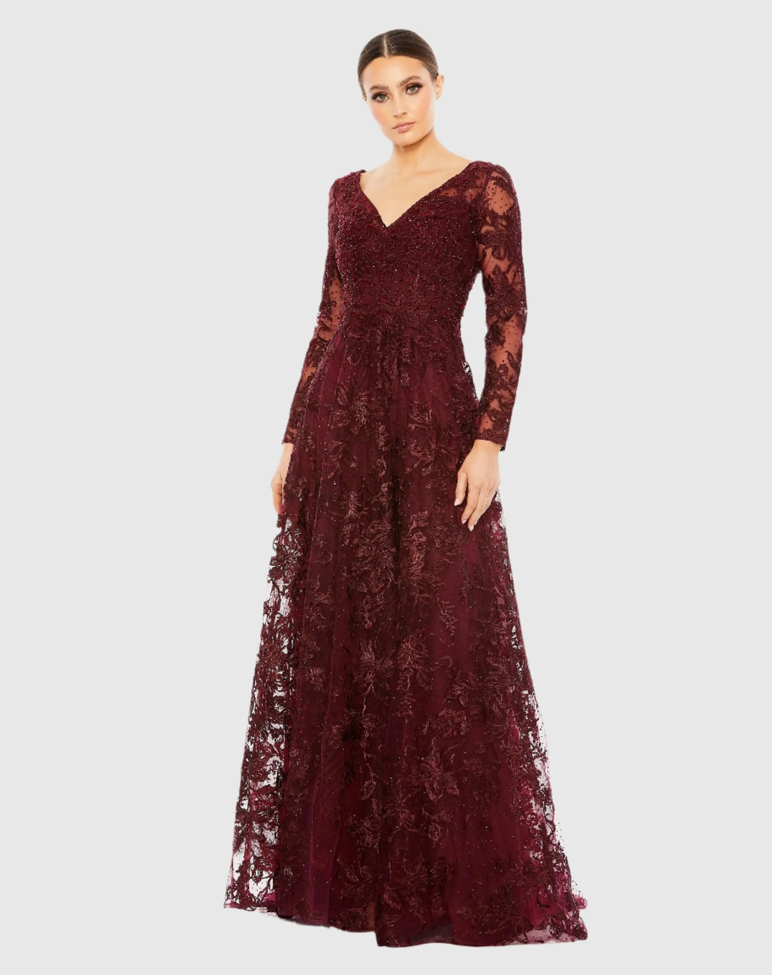 Embroidered Illusion Long Sleeve V Neck Gown