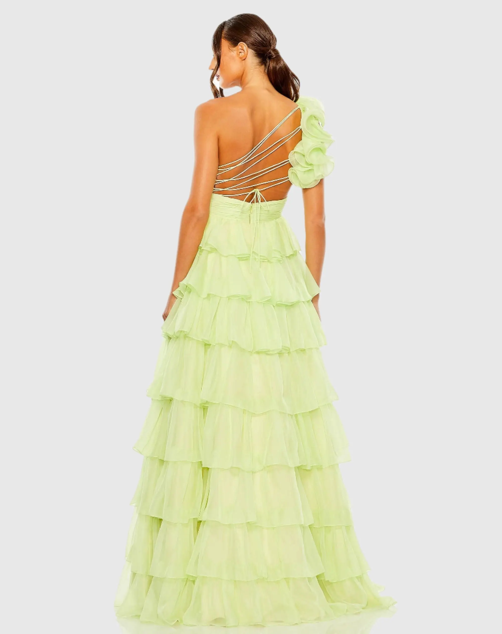 Green One Shoulder Ruffle Tiered Ballgown