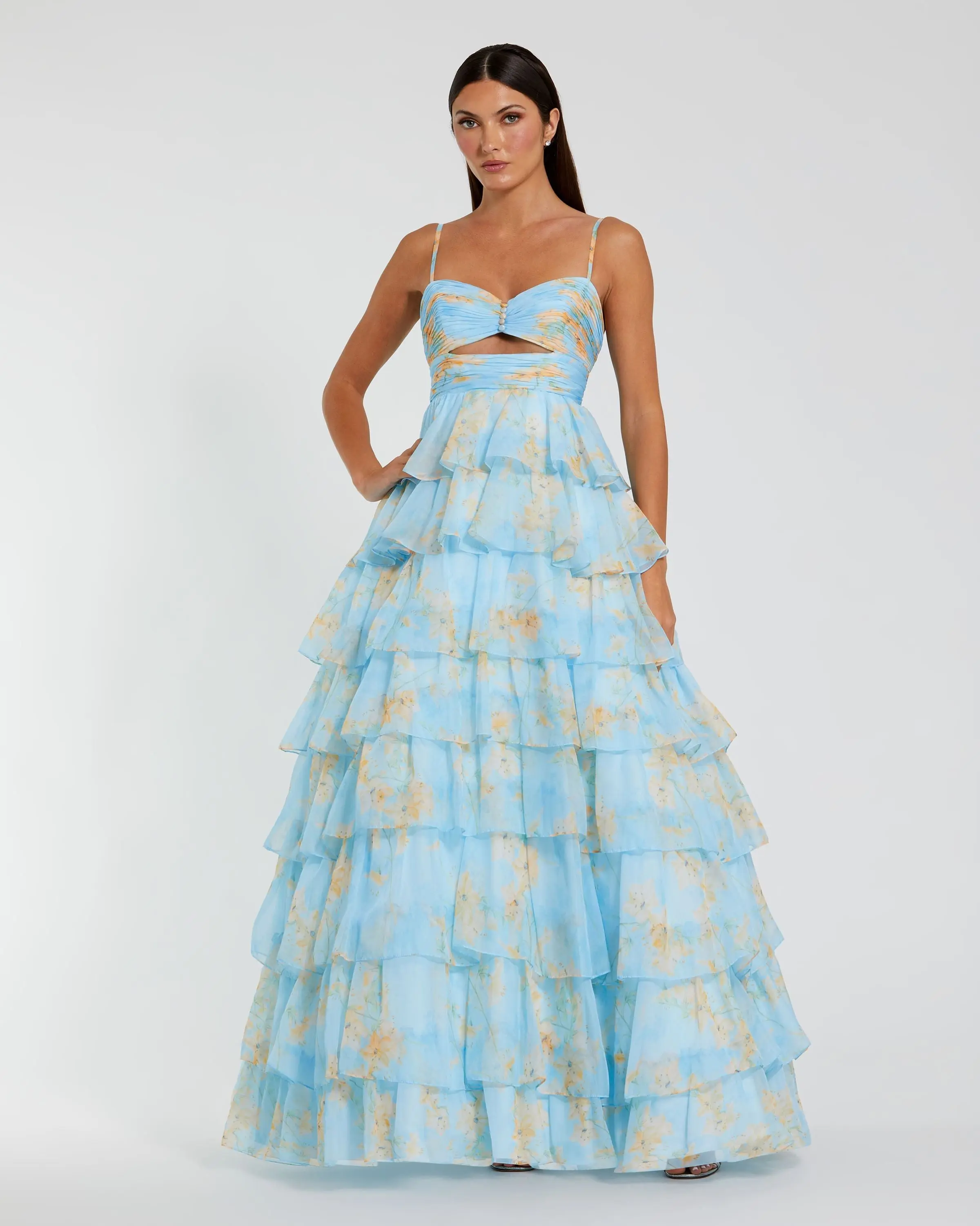 Floral Cut Out Tiered Ruffle Gown