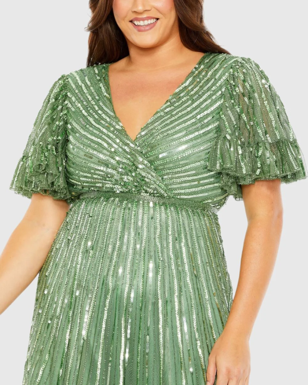 Green Sequin Faux Wrap Flutter Sleeve Ruffle Dress