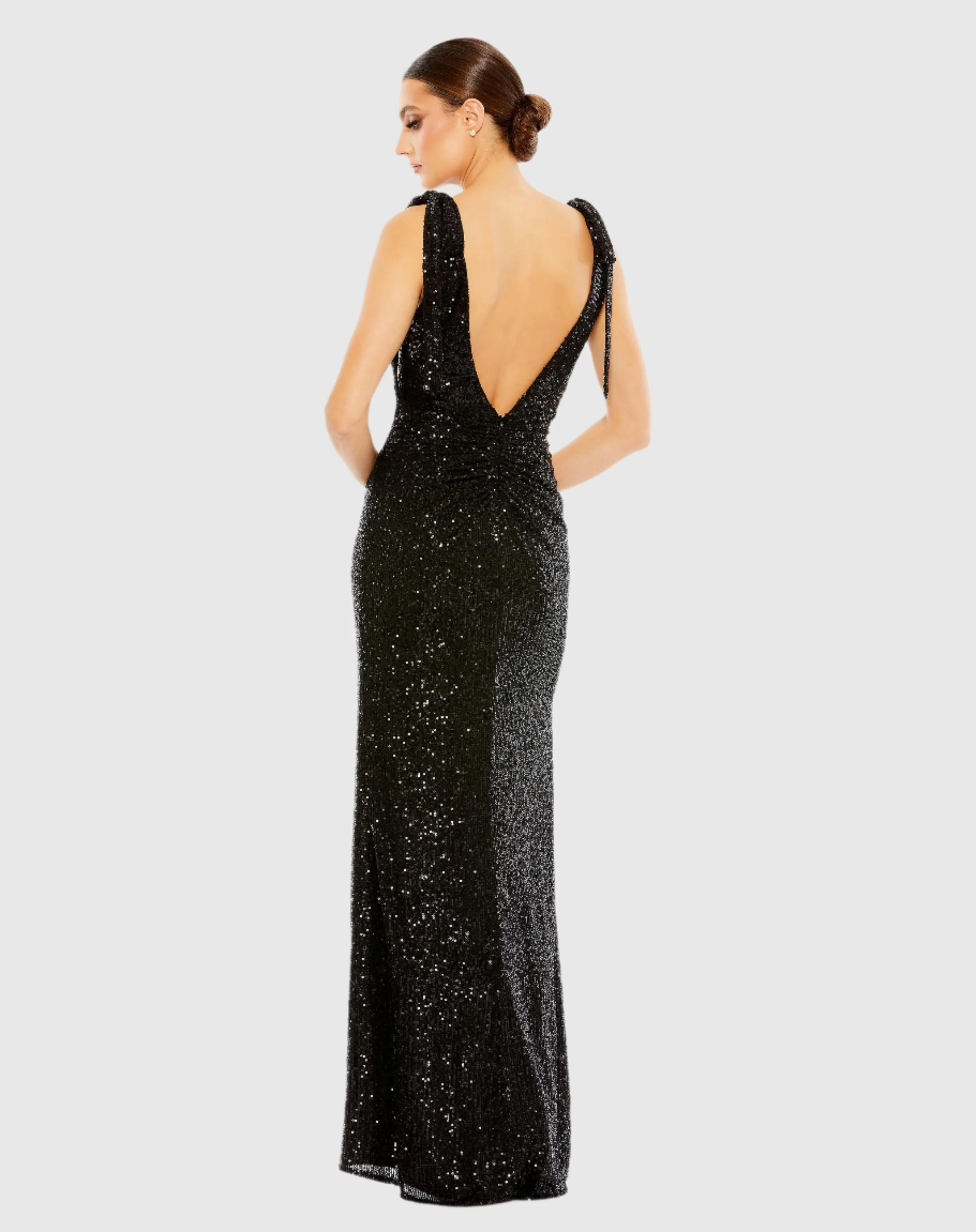 Black Sequined Low Back Bow Shoulder Gown