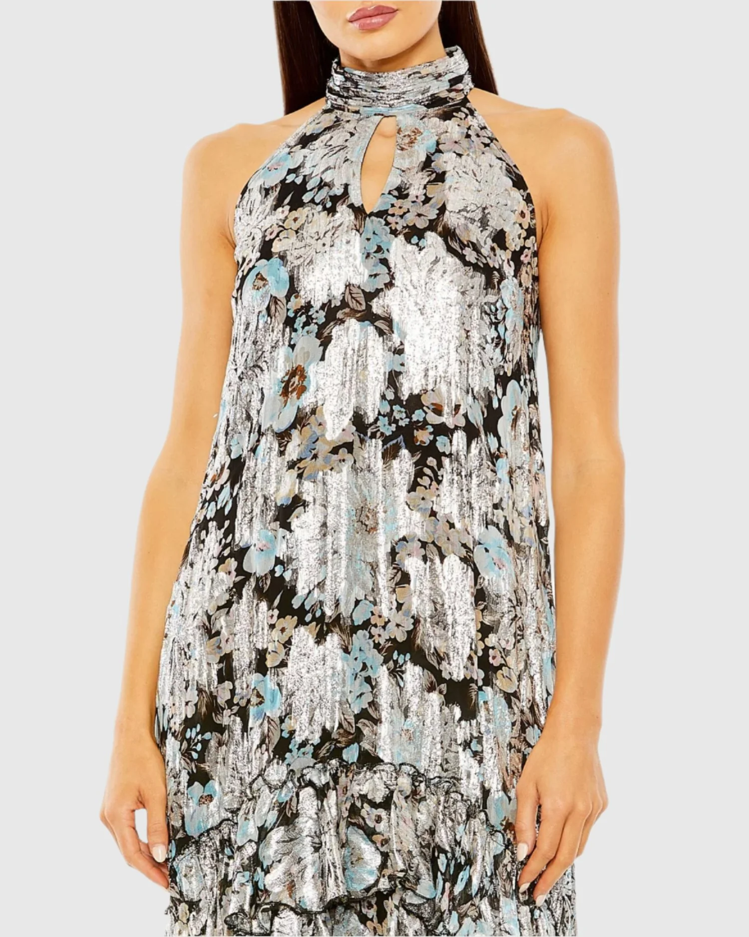 Black Multicolor High Neck Keyhole A-Line Floral Ruffle Mini Dress